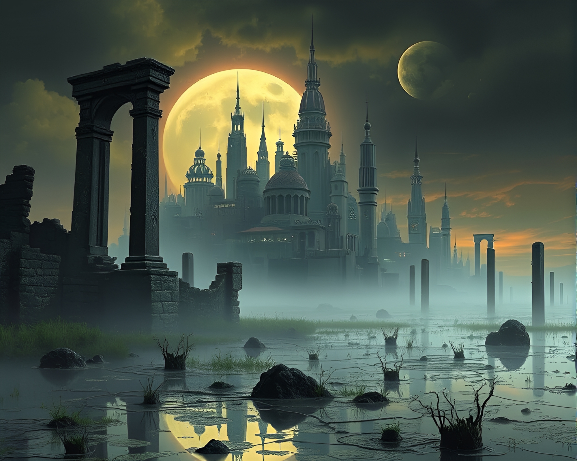 Futuristic Cityscape Emerges from Phantasmal Marsh – free AI stock image