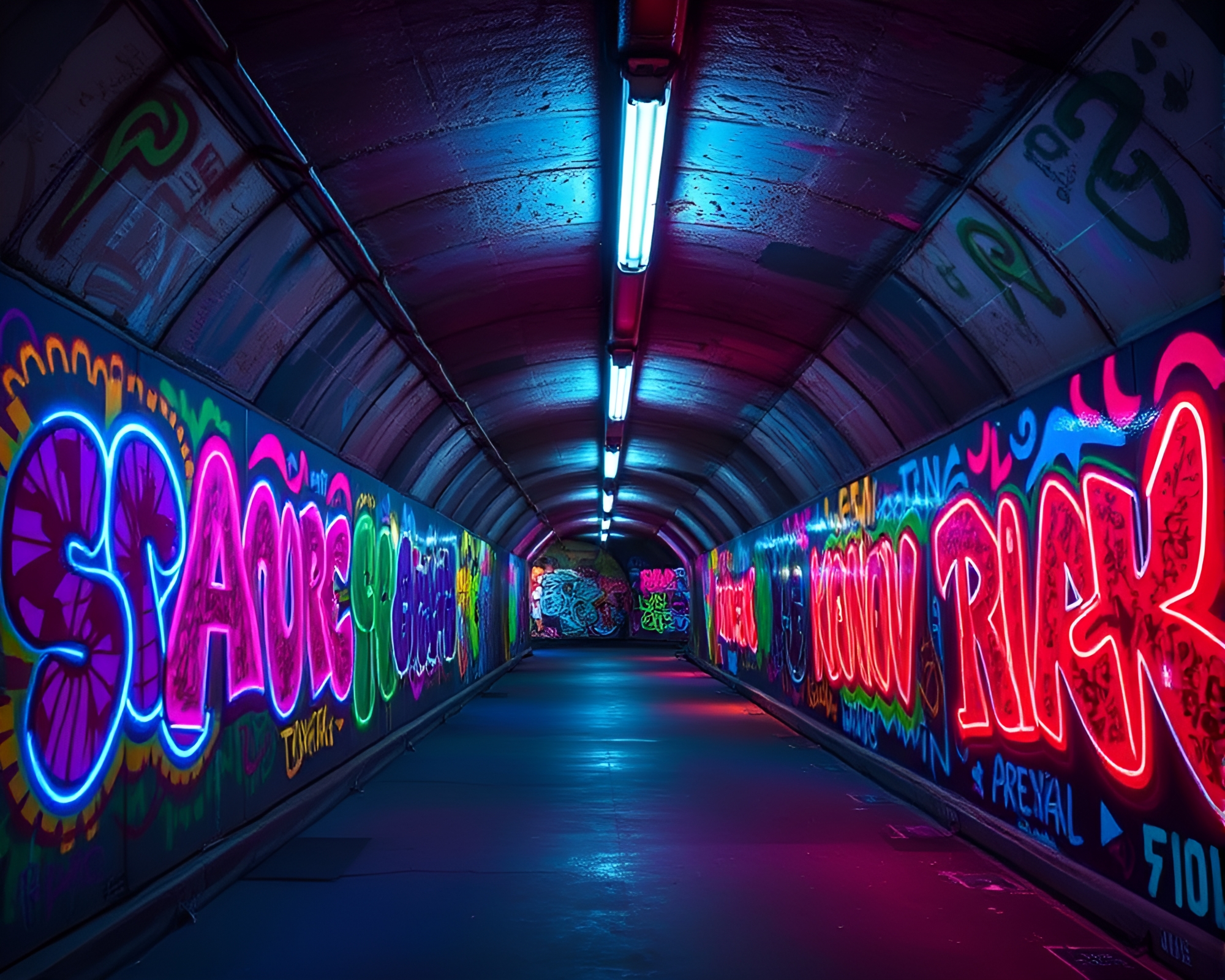 Vibrant Neon Graffiti Illuminates Underground Tunnel – free AI stock image