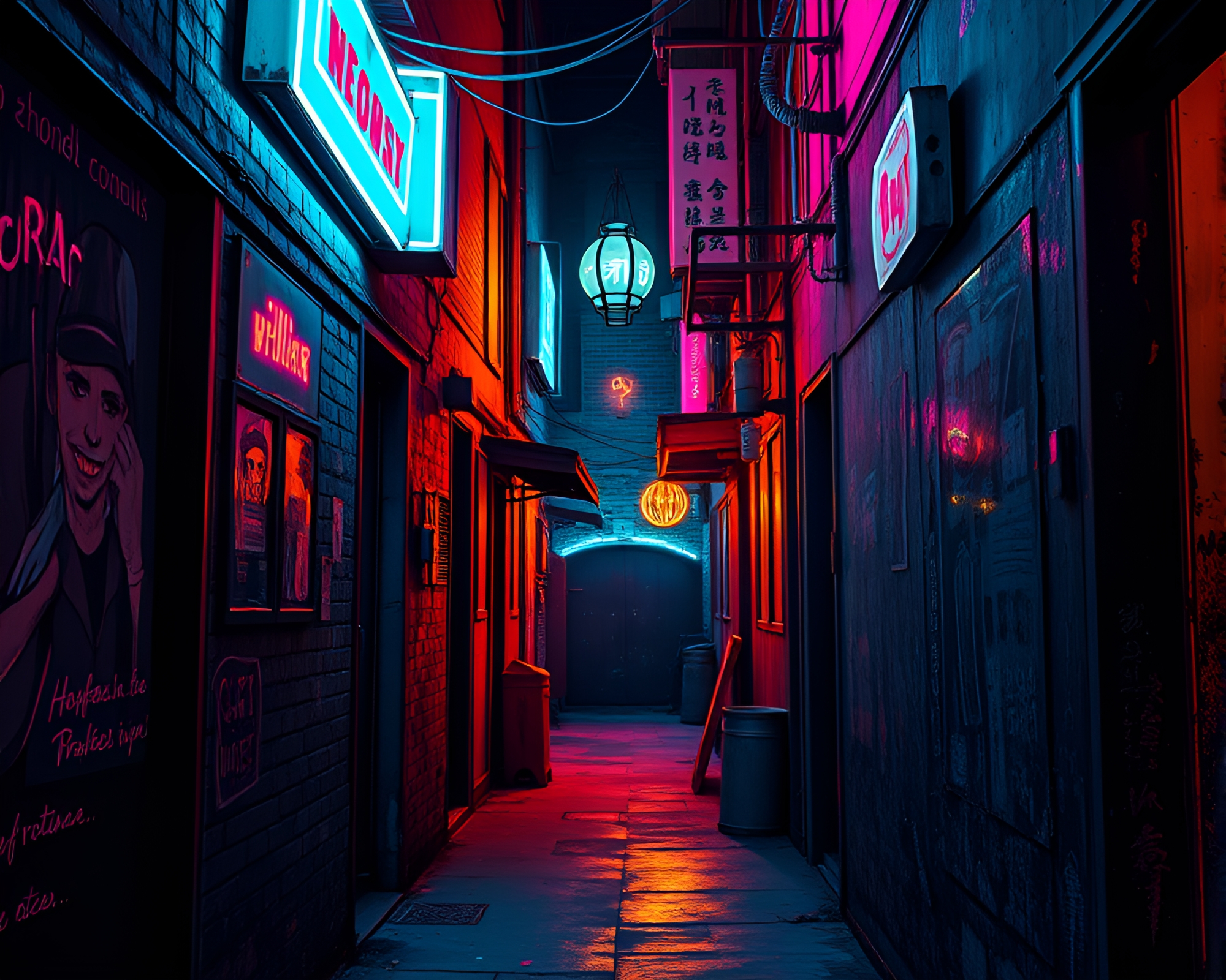 Neon-Soaked Alleyway with Rustic Mysterious Figure Illustration – free AI stock image