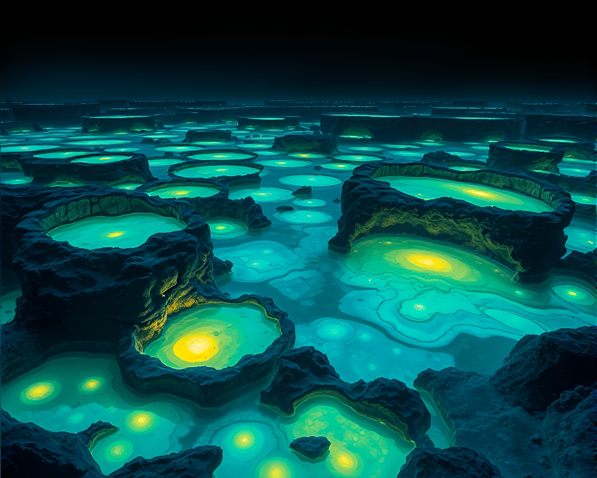 Enchanting Bioluminescent Tide Pools Illuminated in Darkness – free AI stock image
