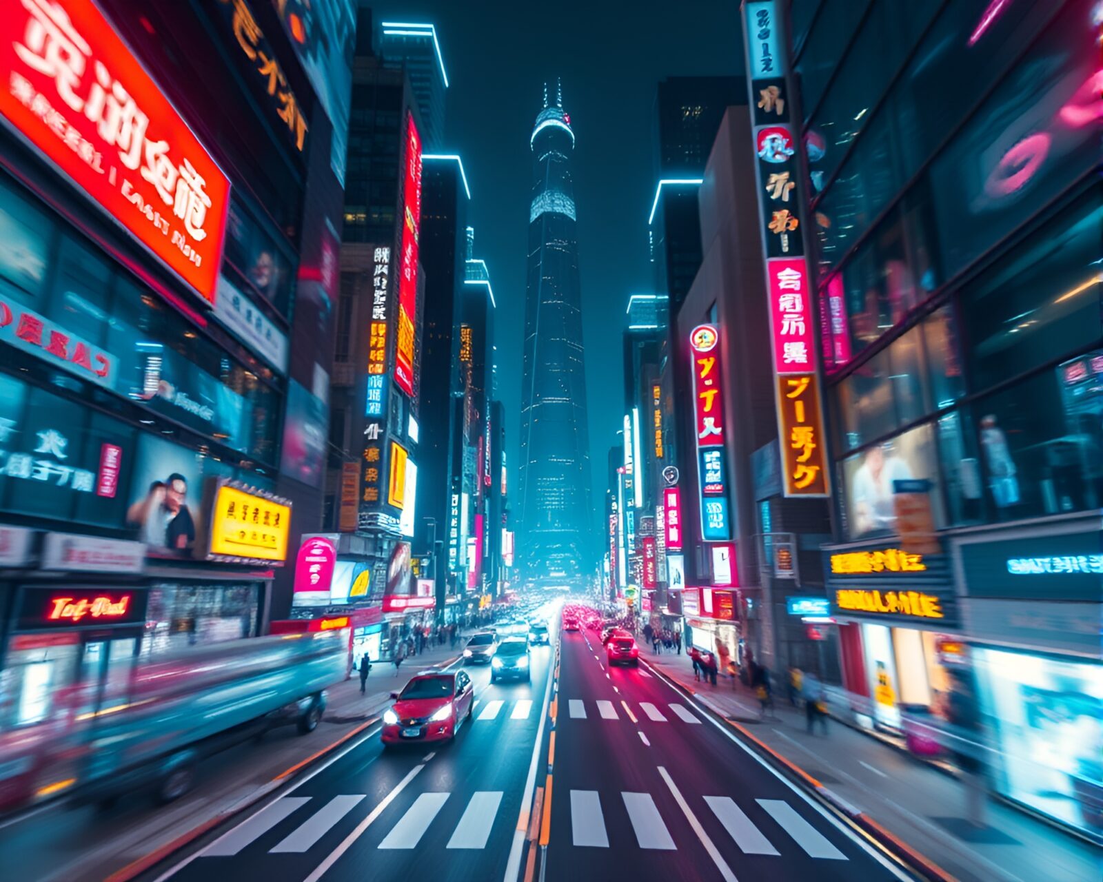 Vibrant city streets filled with lights and futuristic architecture