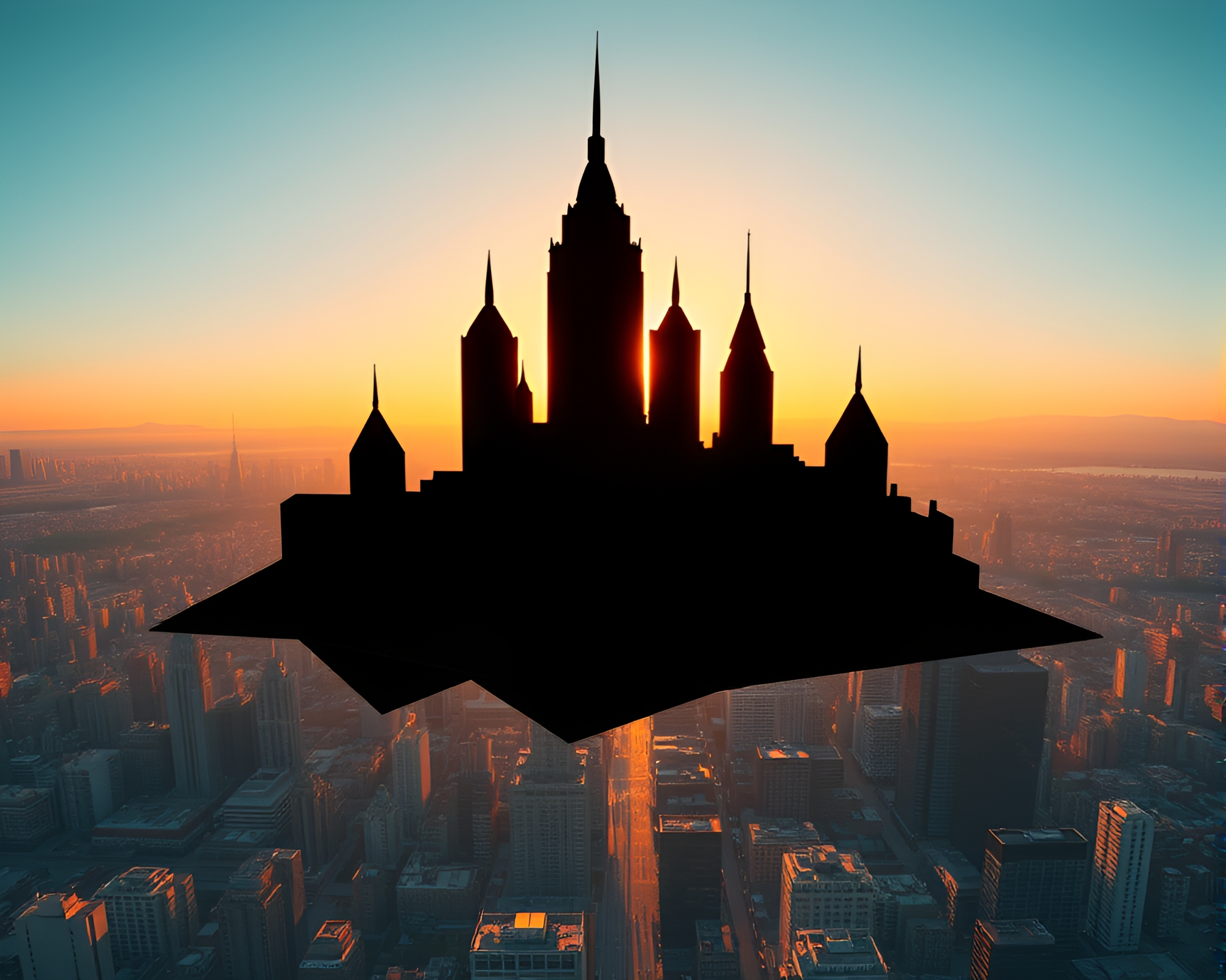 Floating Origami City Silhouette Against Setting Sun – free AI stock image