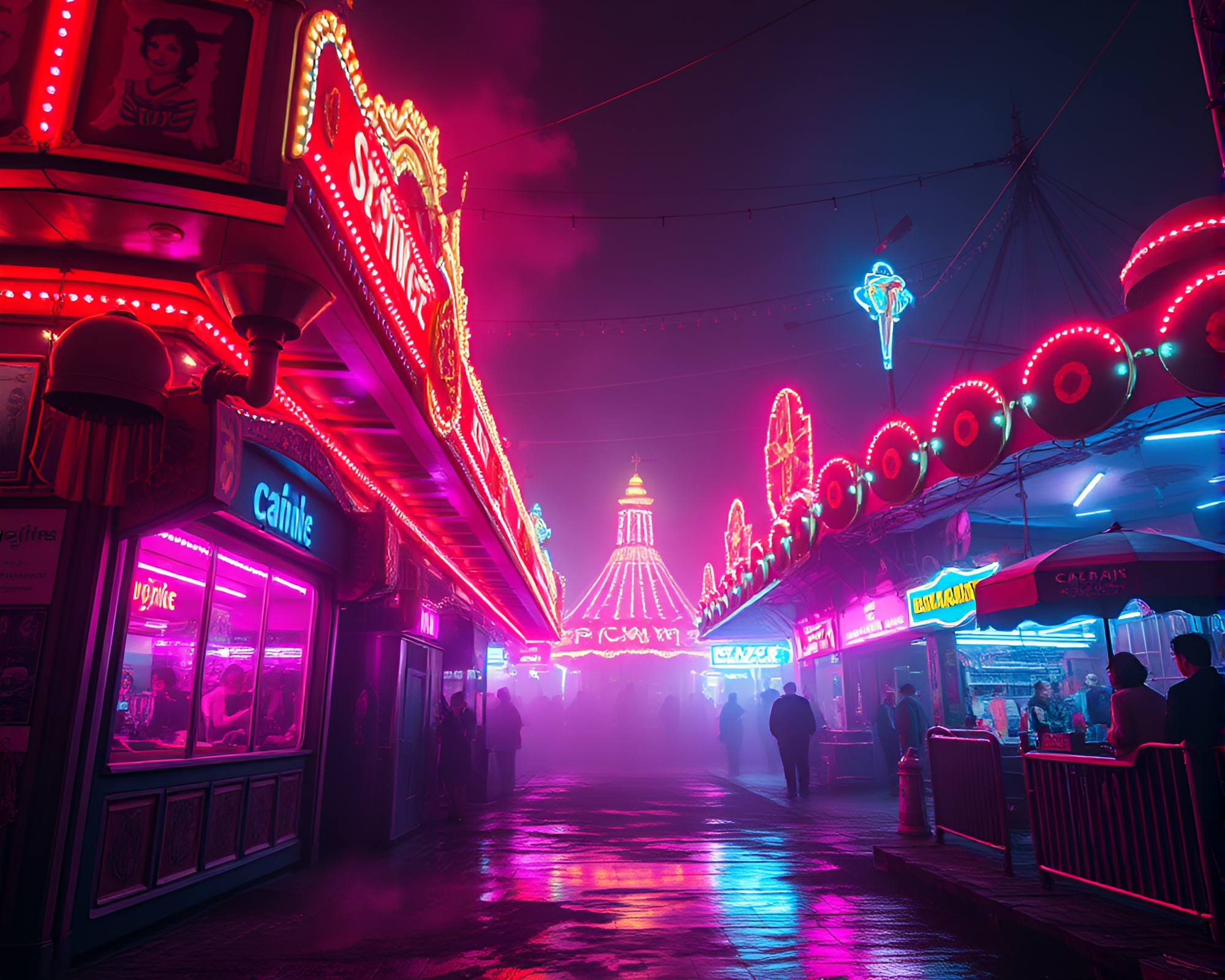 Spectral Carnival Illuminates Dystopian Streets with Neon Lights – free AI stock image