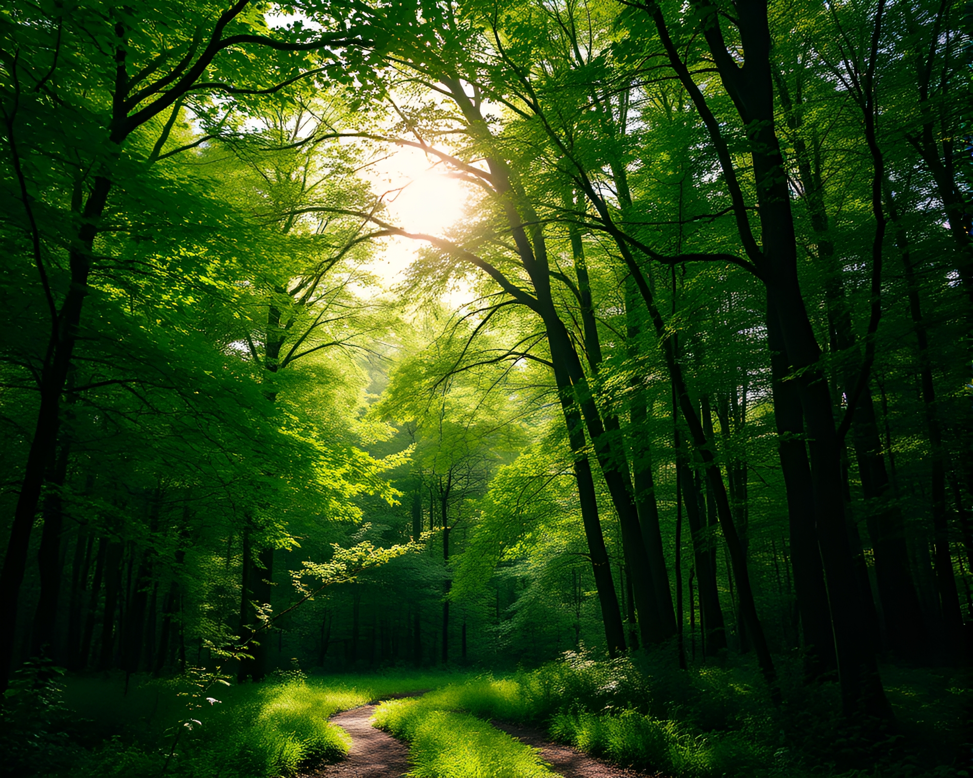 Emerald Canopy Glade with Sunlit Watercolor Effect – free AI stock image