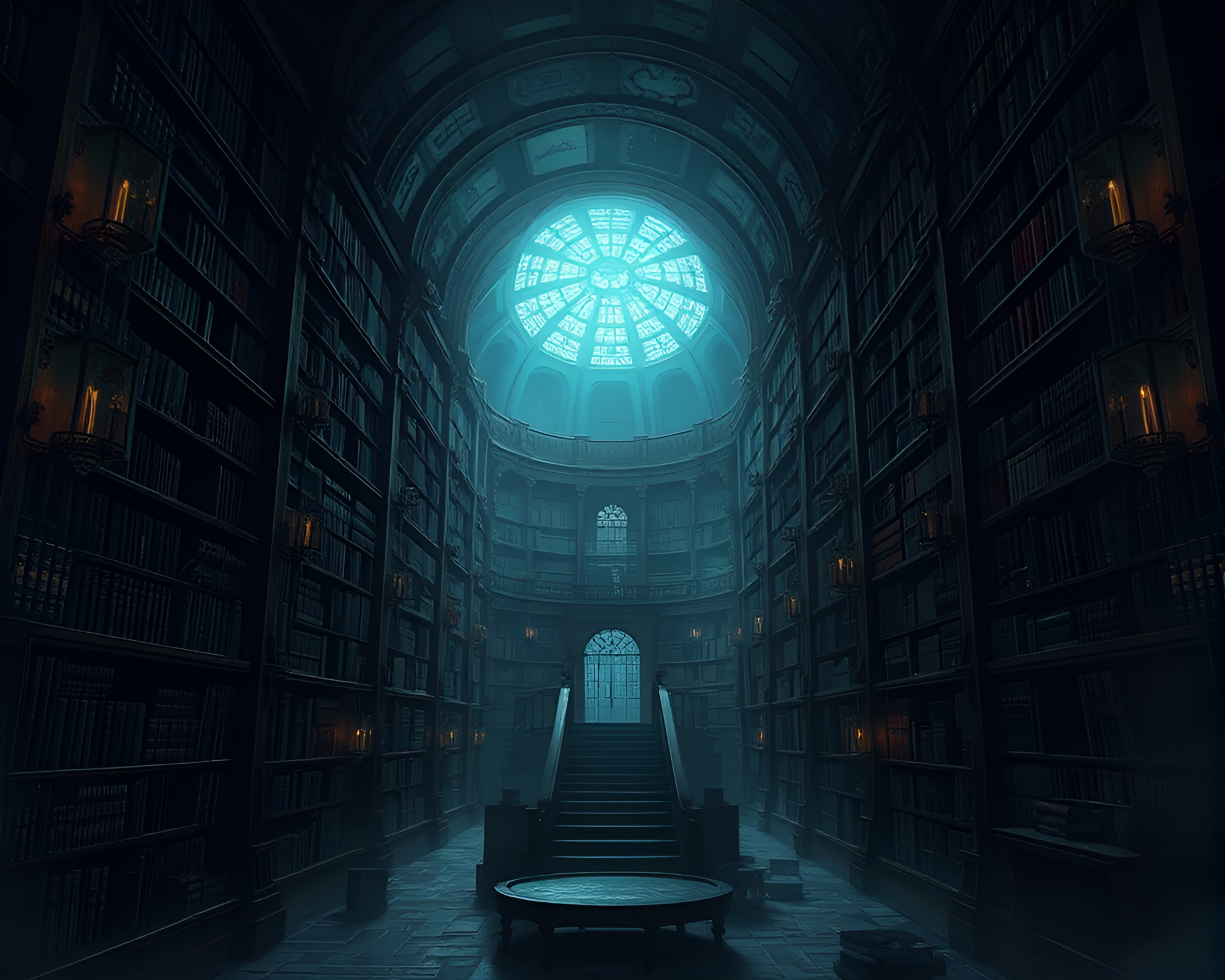 Eerie Digital Matte Painting of Labyrinthine Library Depths – free AI stock image