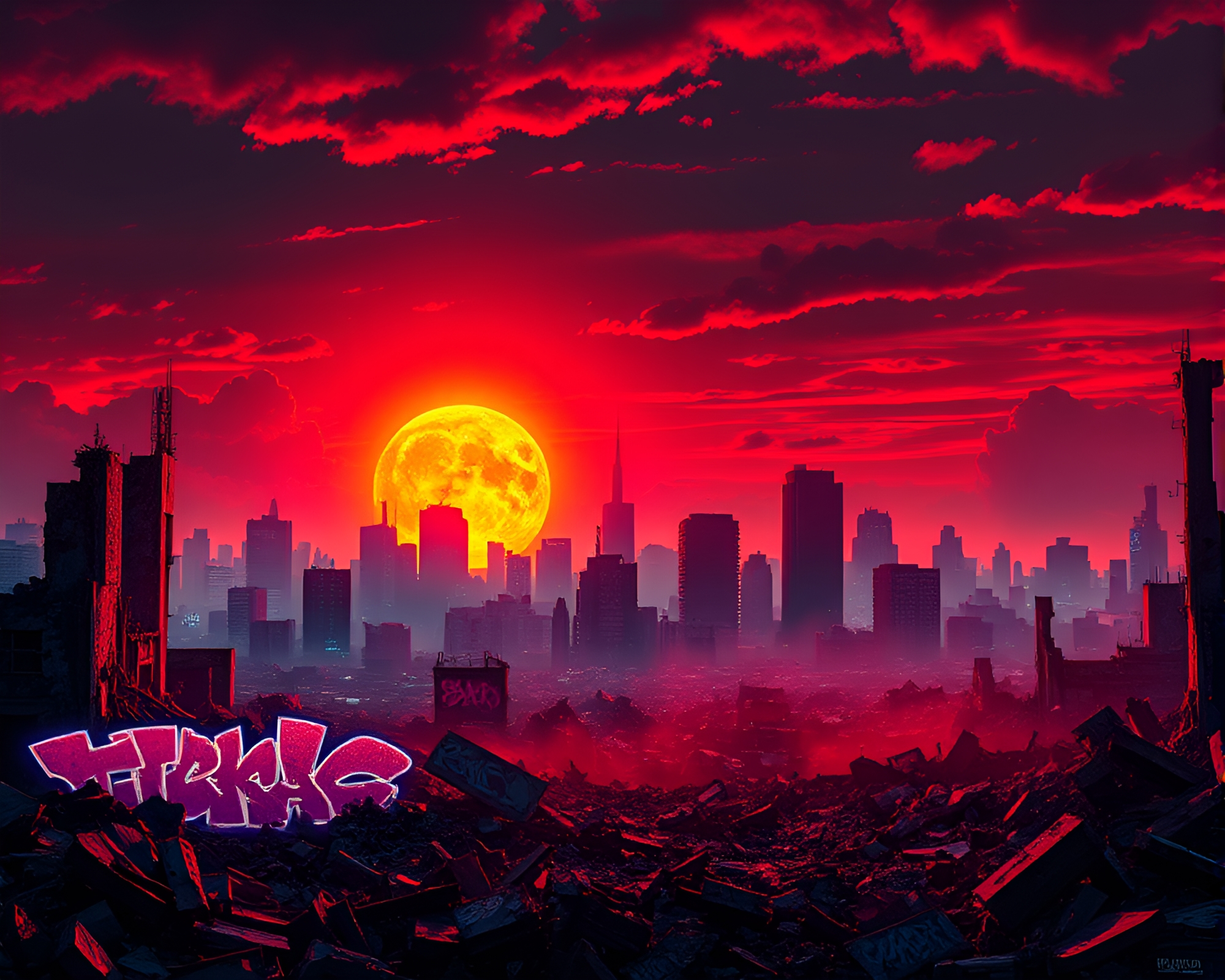 Apocalyptic Urban Skyline with Vibrant Neon Graffiti – free AI stock image
