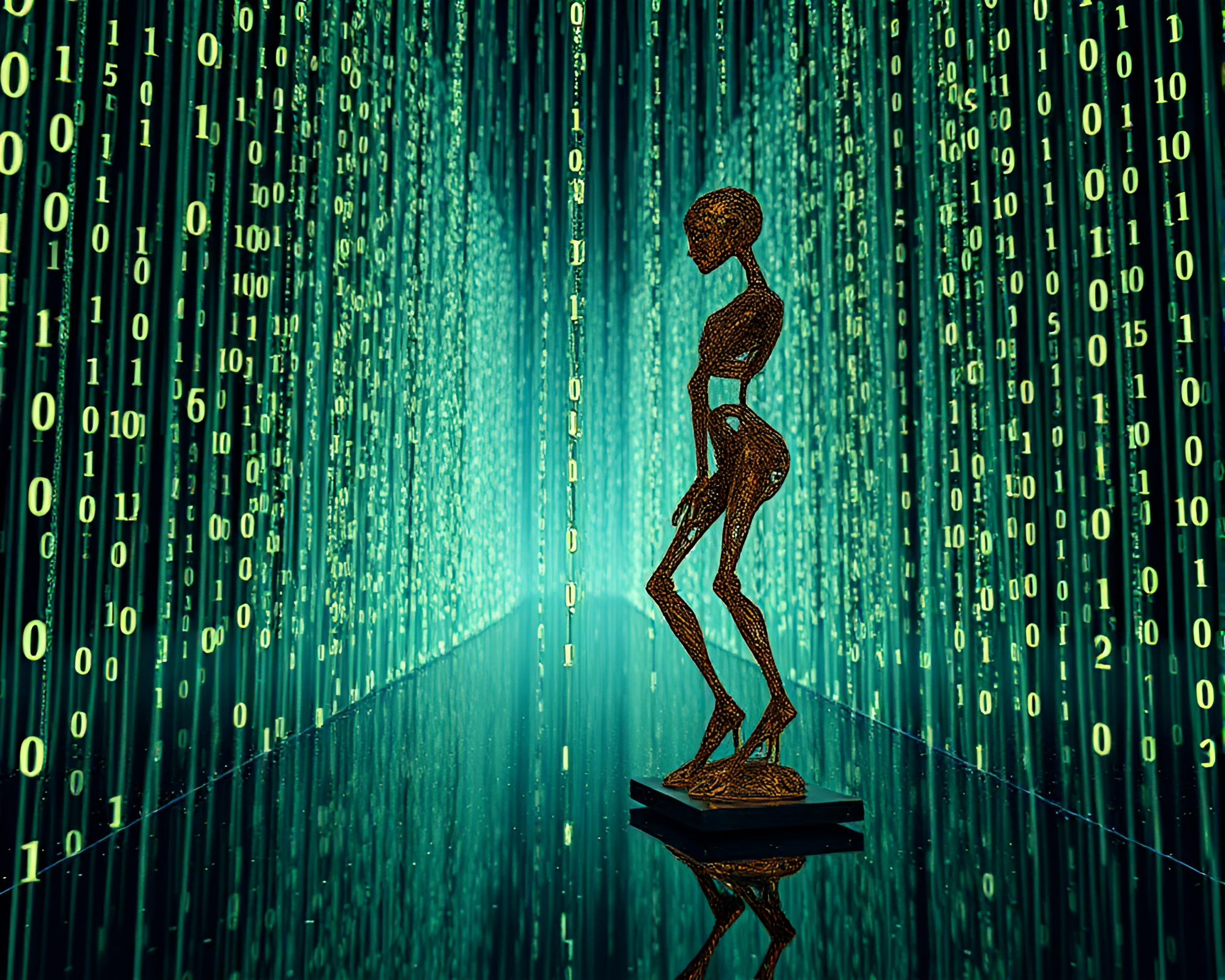 Futuristic Kinetic Sculpture Engulfed in Binary Code Rain – free AI stock image