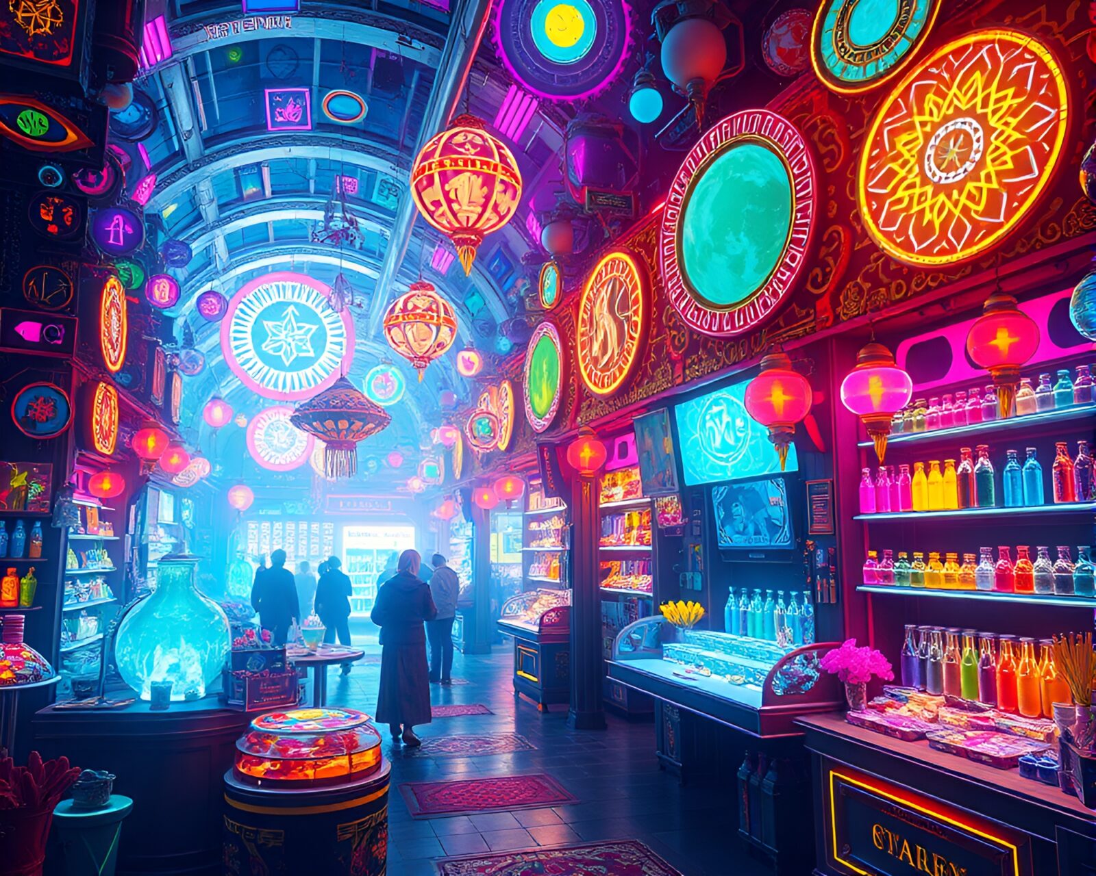 Vibrant scene of holographic bazaar in cosmic setting