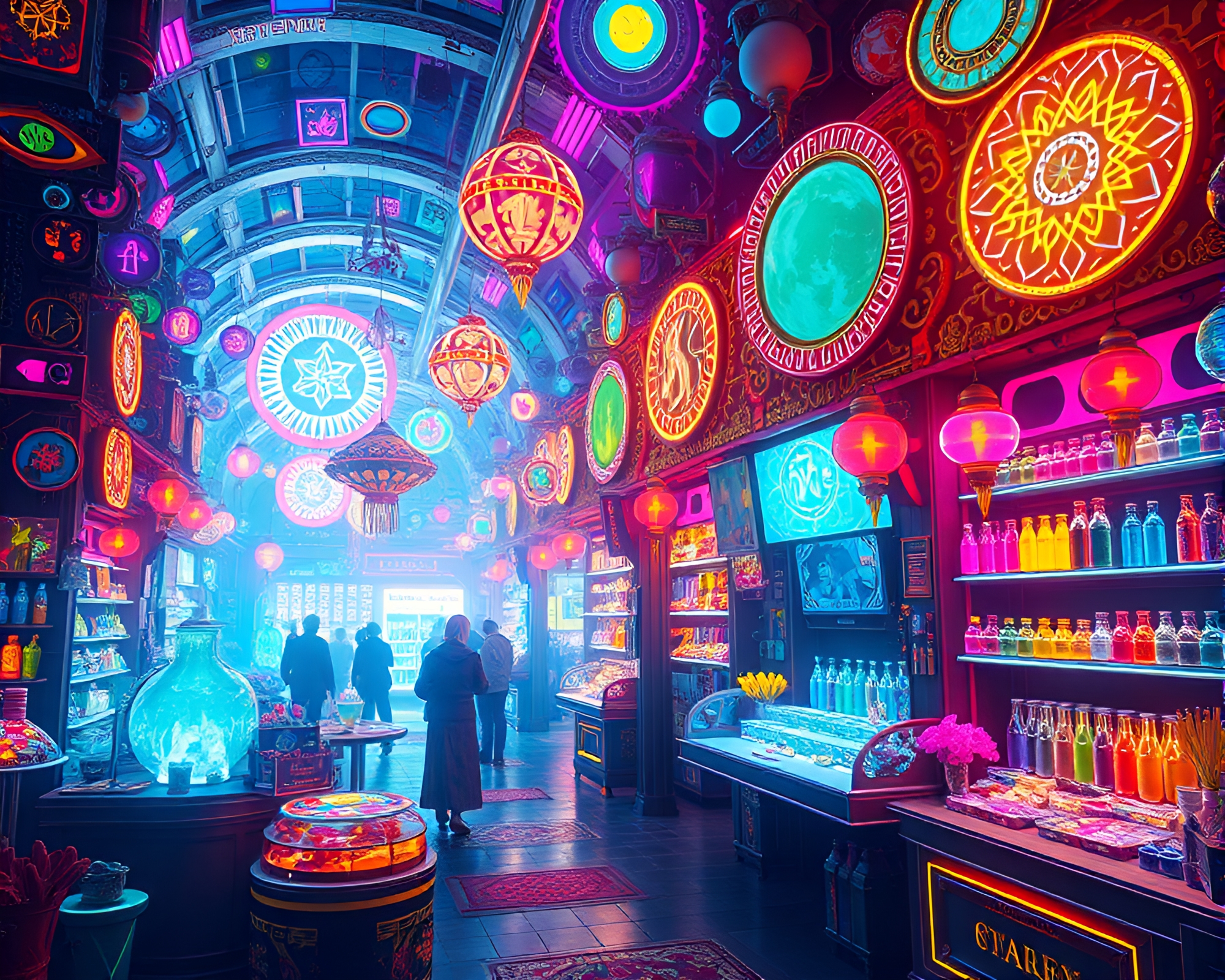 Cosmic Holographic Bazaar Bursting With Neon Colors – free AI stock image