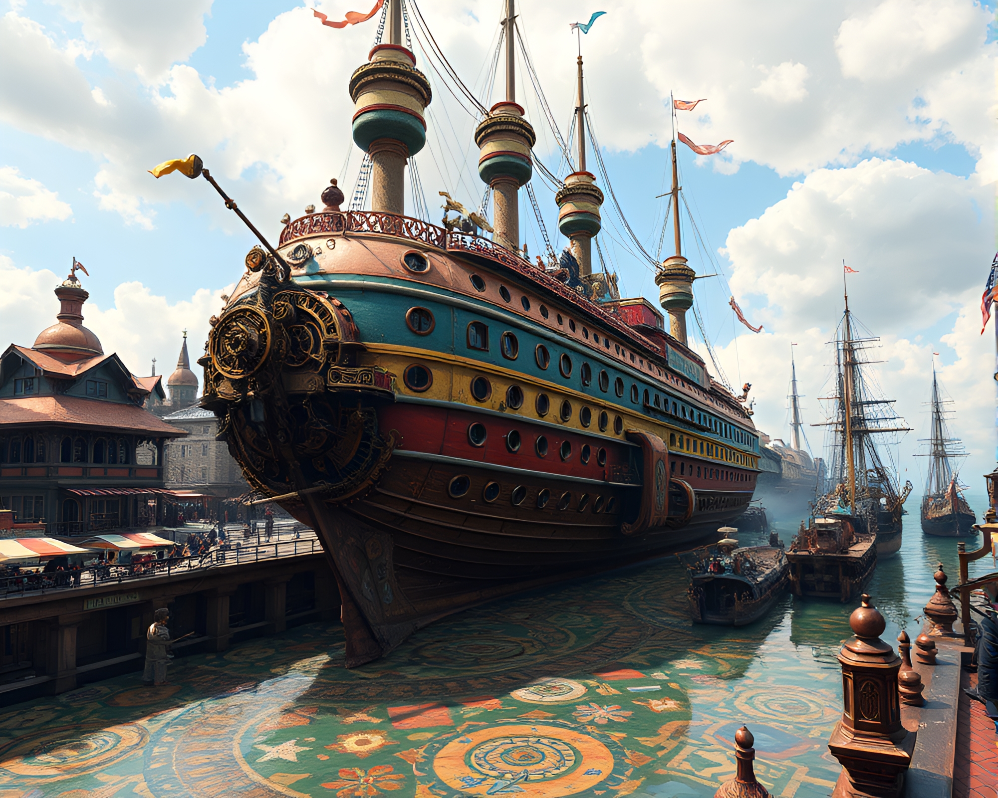Steampunk Airship Docking at Colorful Mosaic Port – free AI stock image