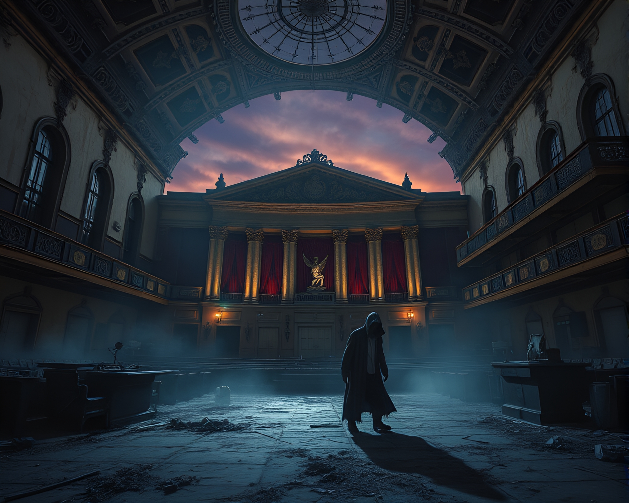Ethereal Phantom Wanders Through Abandoned Opera House Twilight Scene – free AI stock image