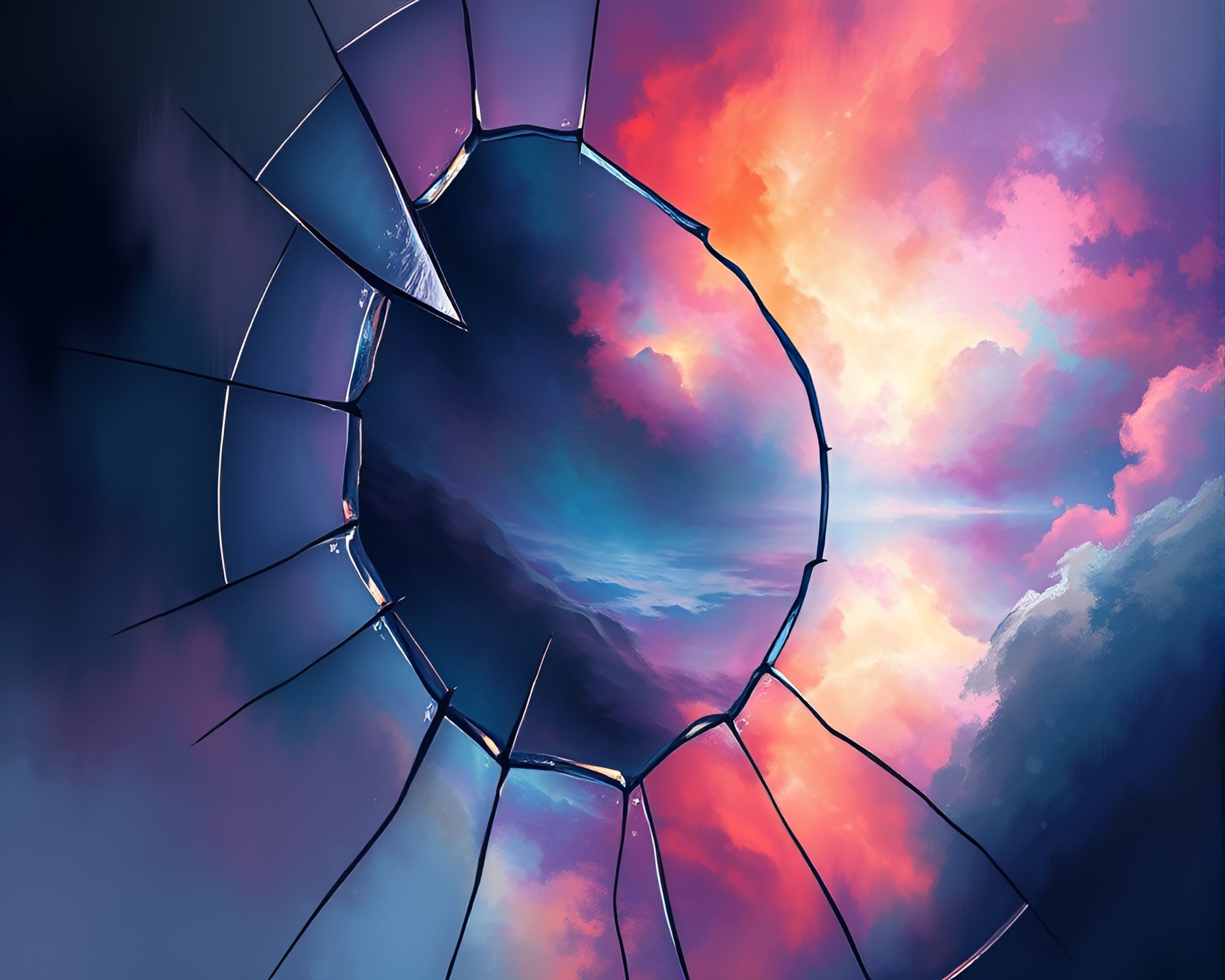 Shattered Mirror Reflects Mystical and Impressionistic Scene – free AI stock image