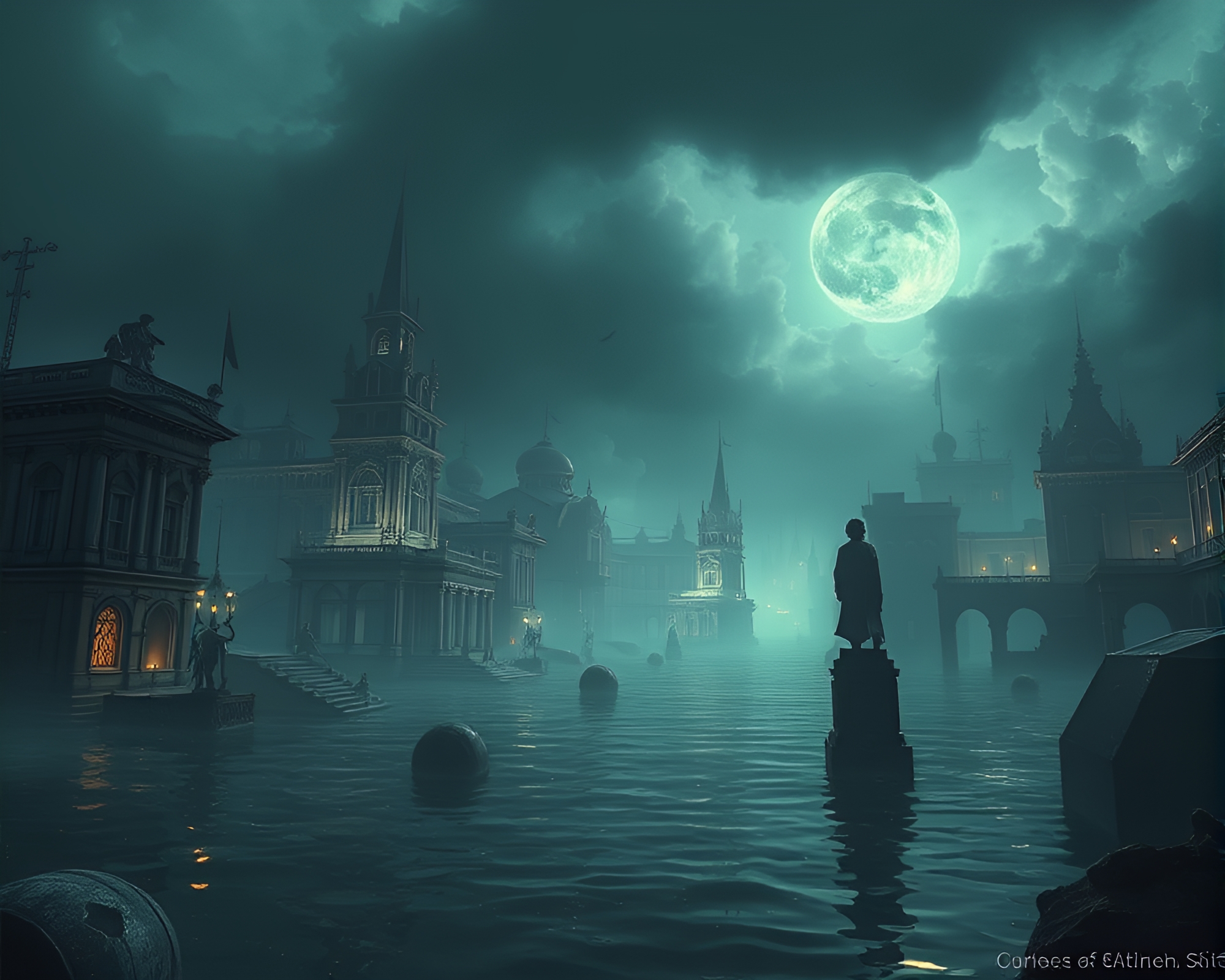 Ethereal Underwater Cityscape Painting: Submerged Mystery Revealed – free AI stock image