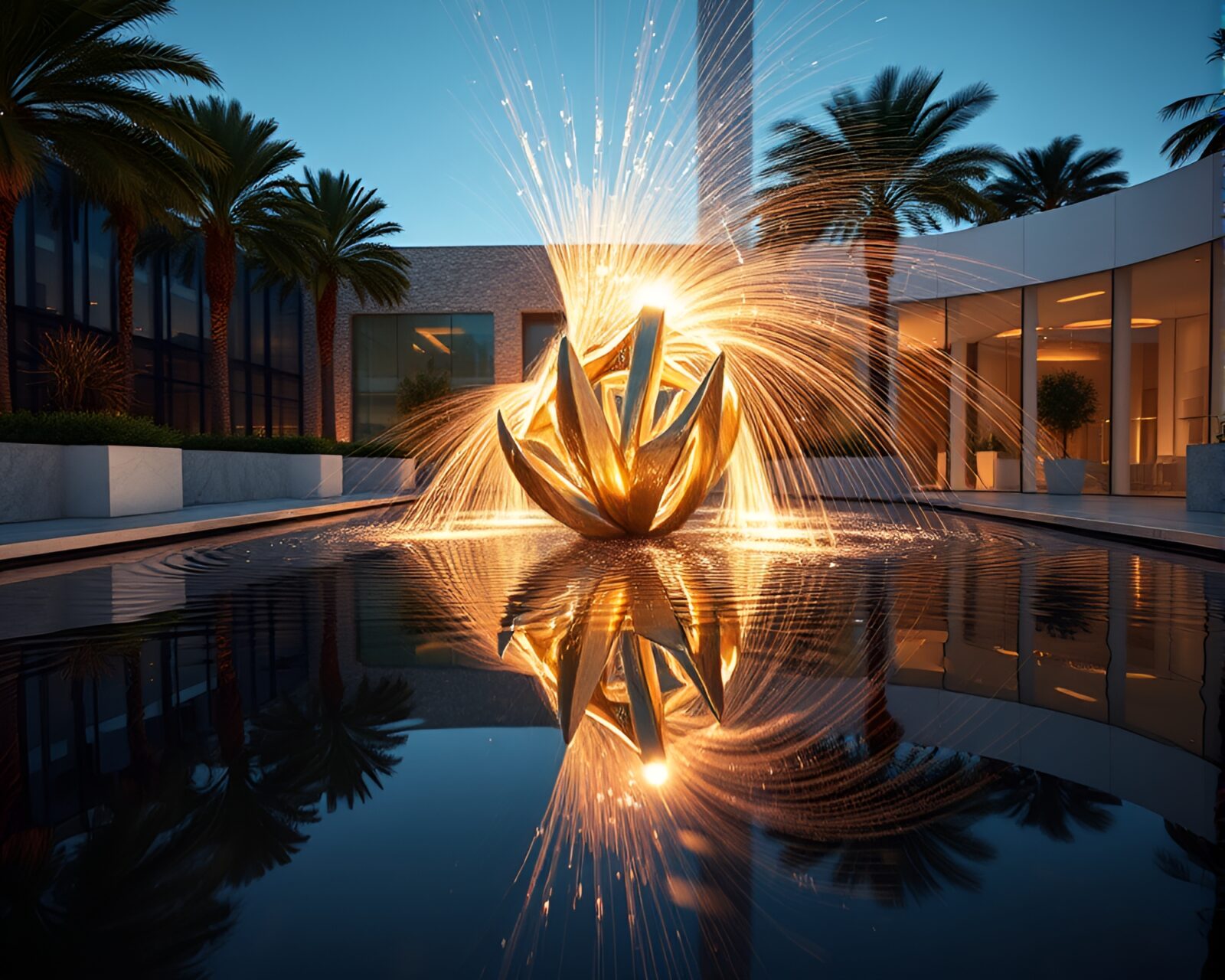 Art deco sculpture reflected in mirror pool oasis