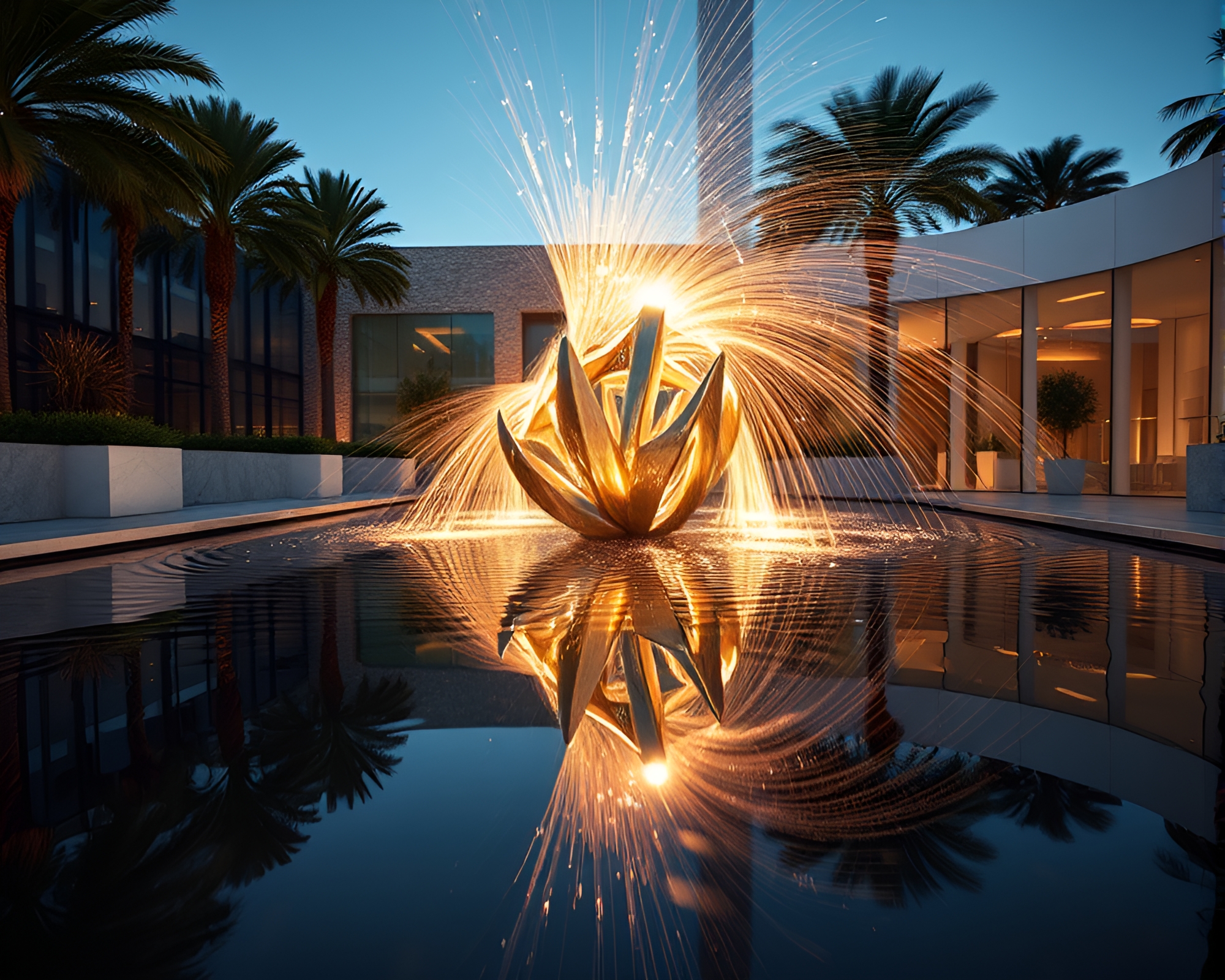 Mesmerizing Kinetic Art Deco Sculpture Reflecting in Oasis – free AI stock image