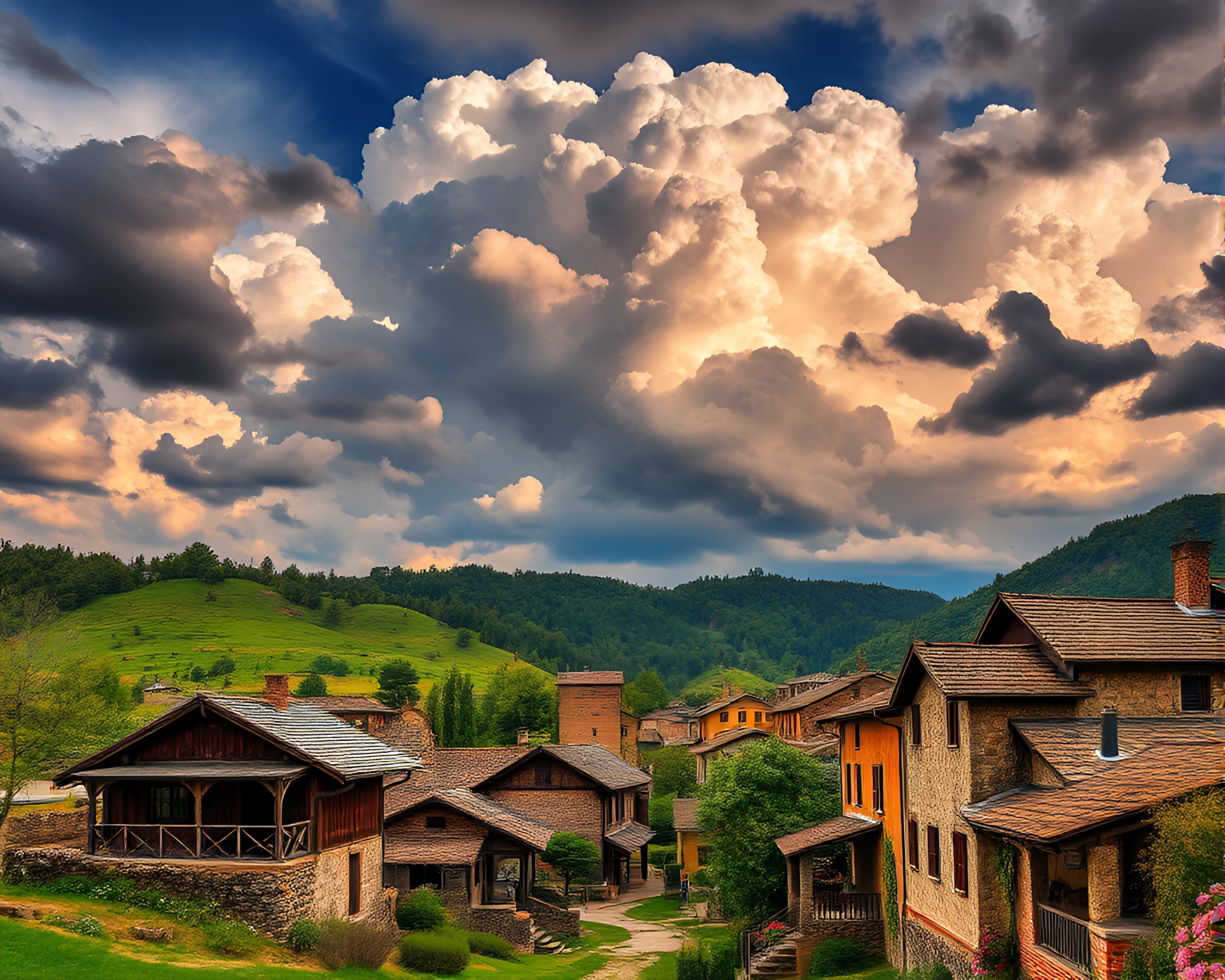 Rustic Village Beneath Dramatic Iron-Cloud Sky Digital Art – free AI stock image