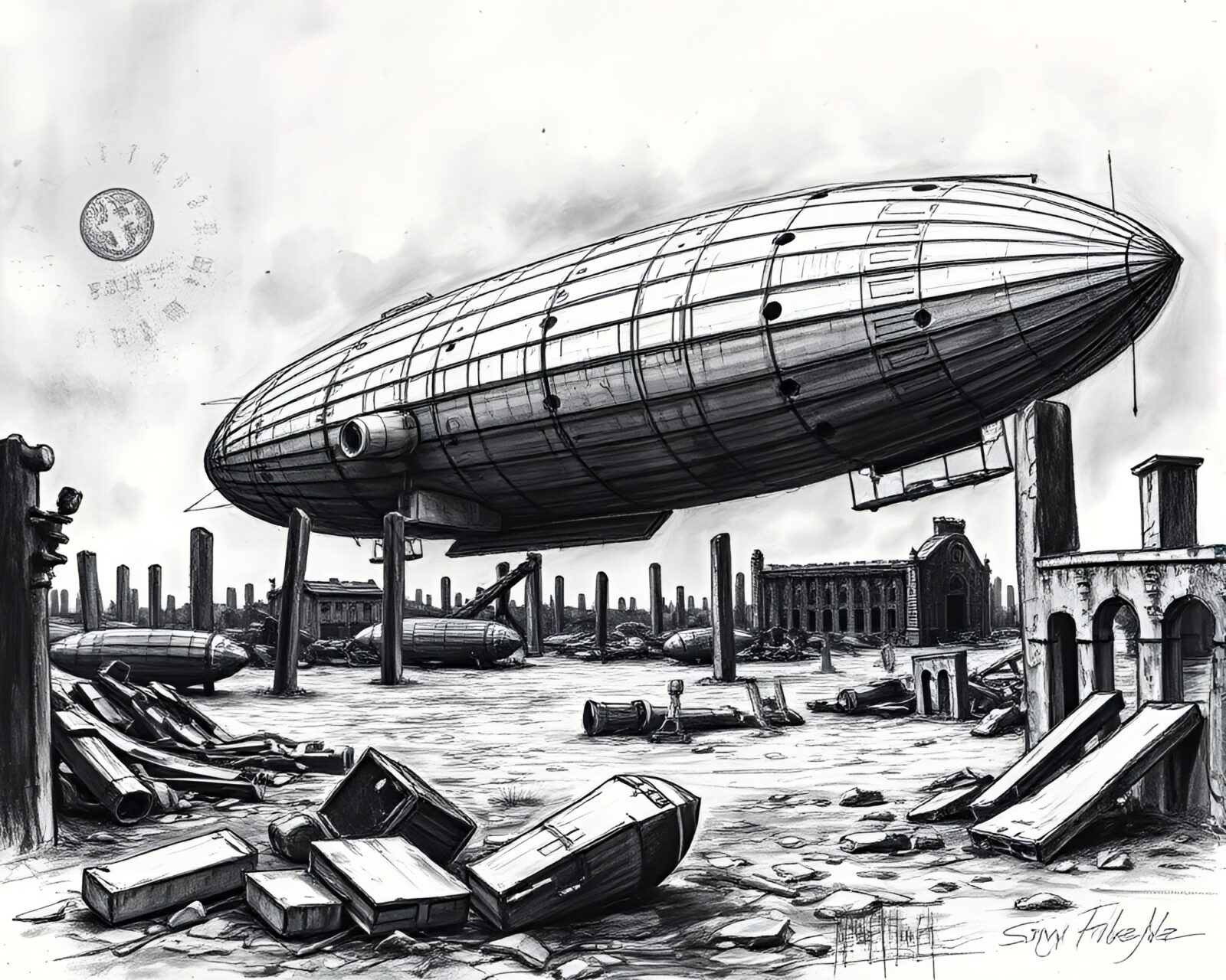 Detailed charcoal sketch of desolate zeppelin graveyard in ruins
