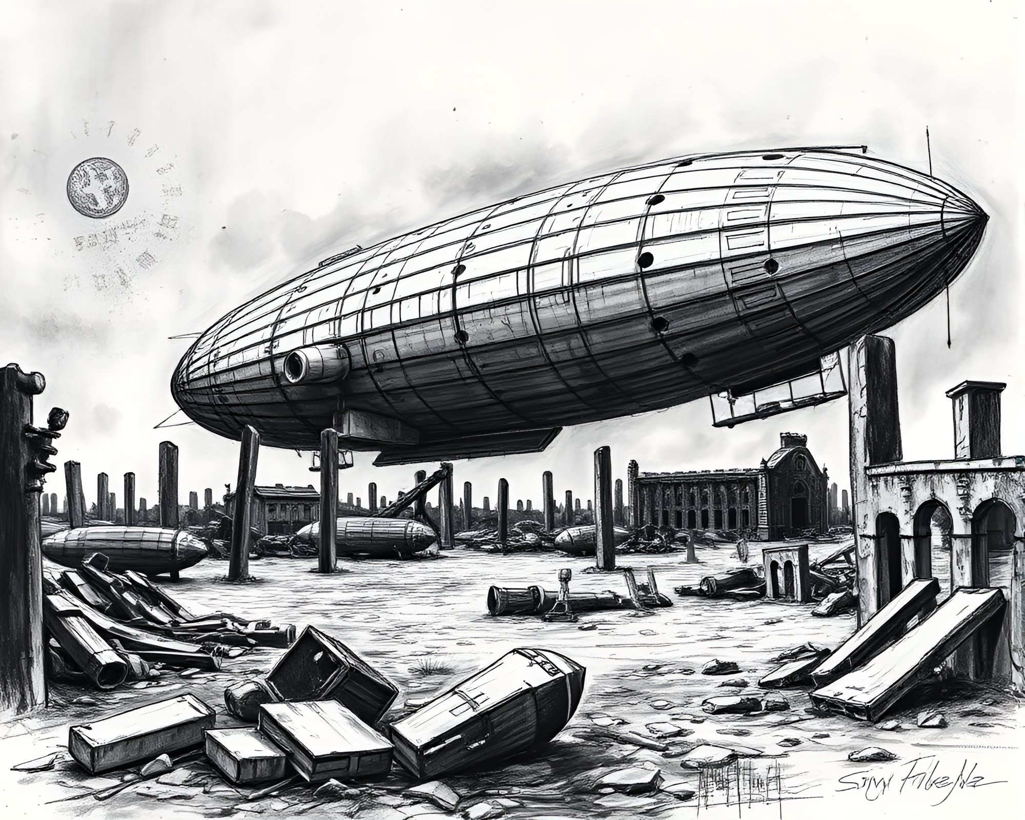 Eerie Zeppelin Graveyard: A Haunting Monochrome Canvas – free AI stock image