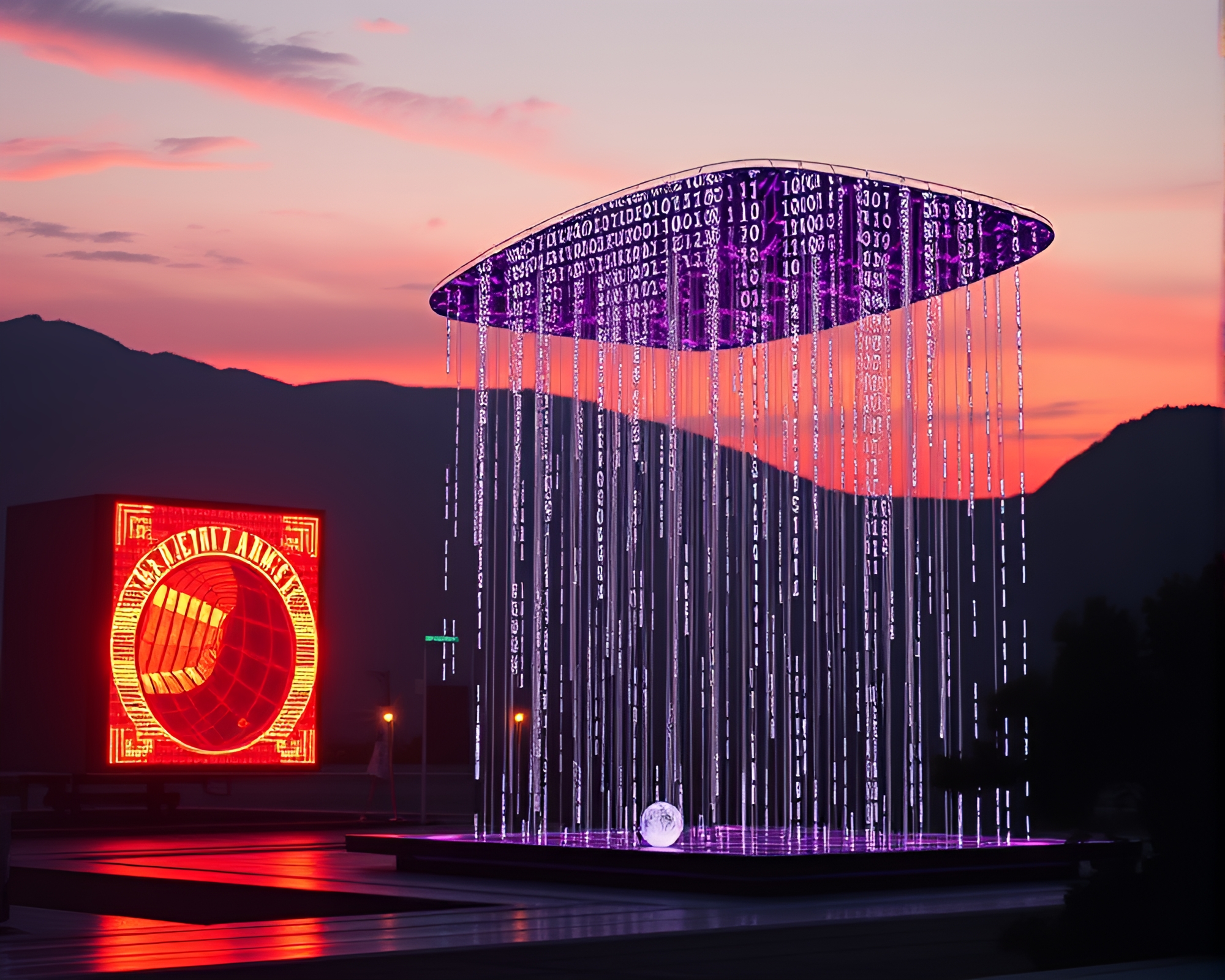 Futuristic Twilight Scene with Binary Code Kinetic Sculpture – free AI stock image