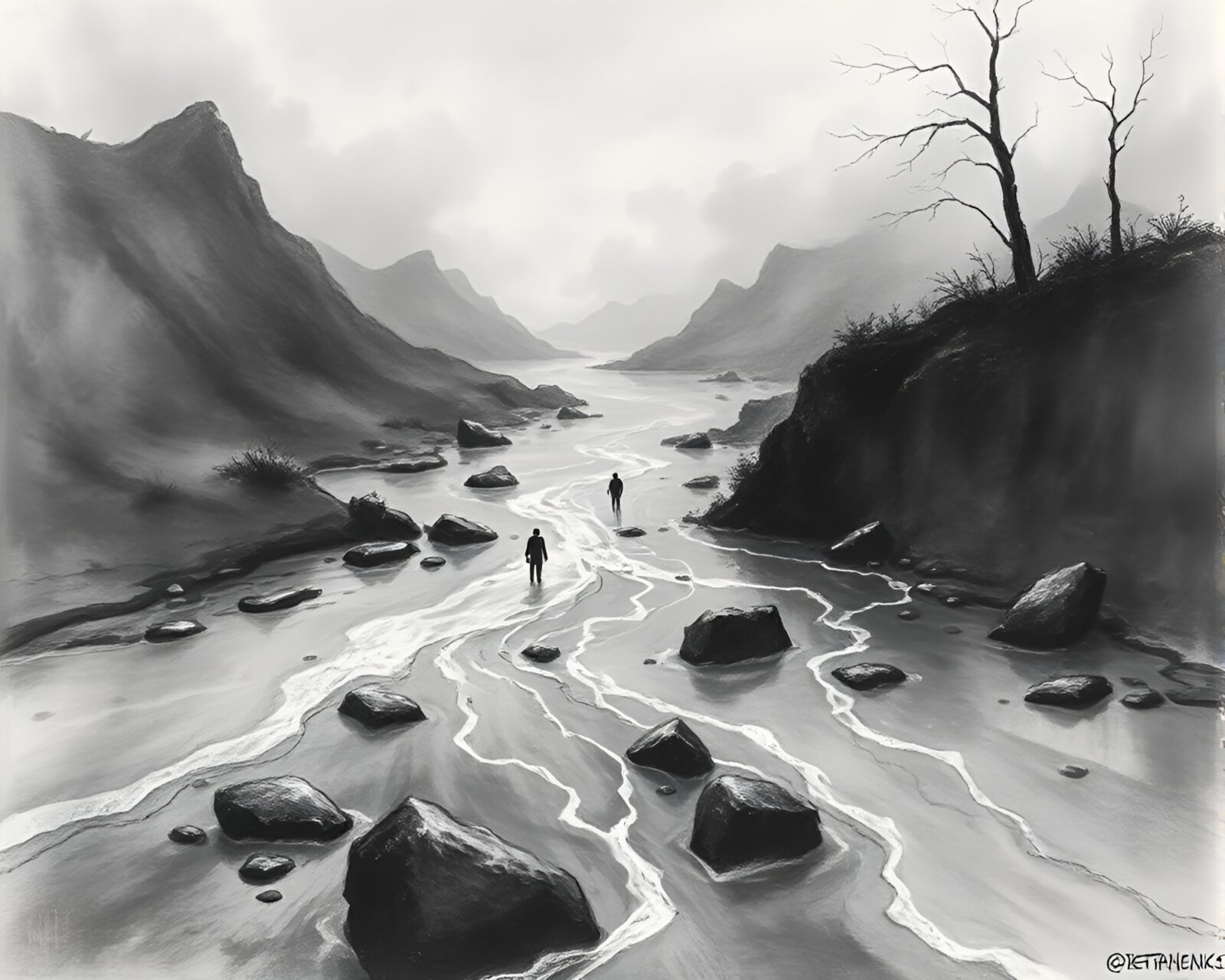 Resonant charcoal sketch of liquid mercury river in mystical setting