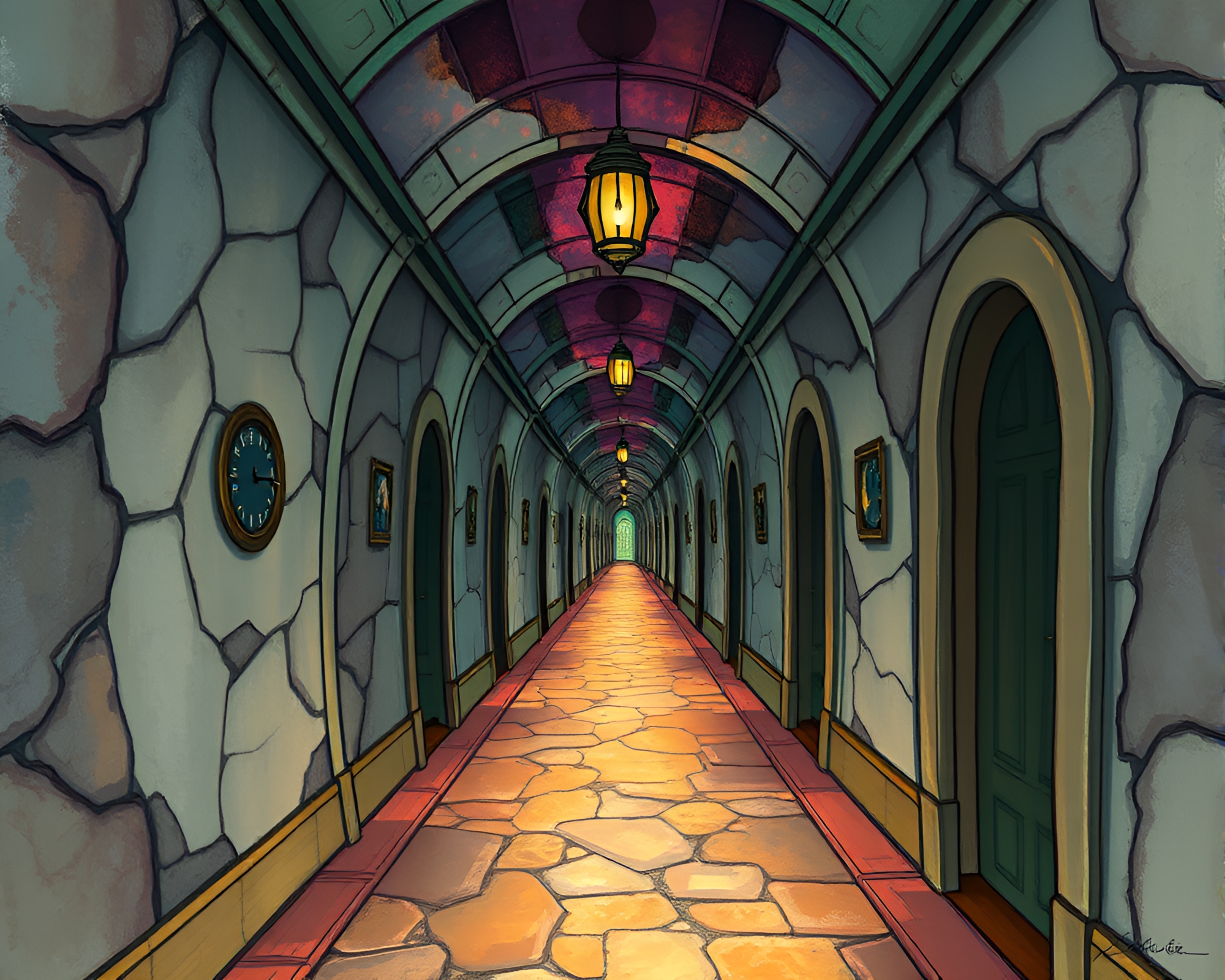 Mystical Time-Warp Corridor Illustration with Vibrant Colors – free AI stock image