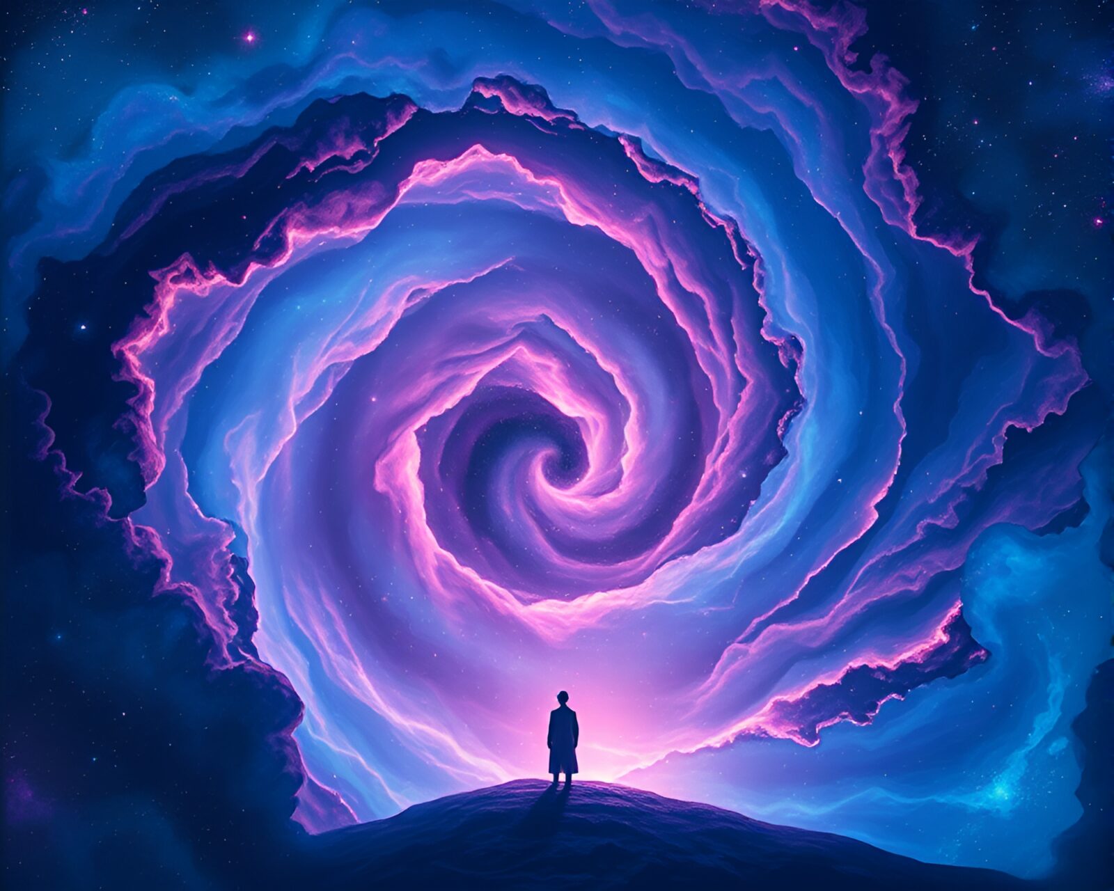 Mesmerizing cosmic nebula pixel art enveloping contemplative figure