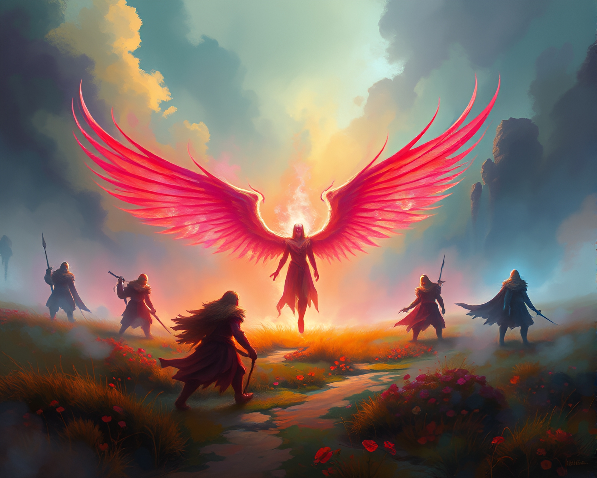 Spectral Battlefield: Vibrant Gouache Painting of Ethereal Figures – free AI stock image