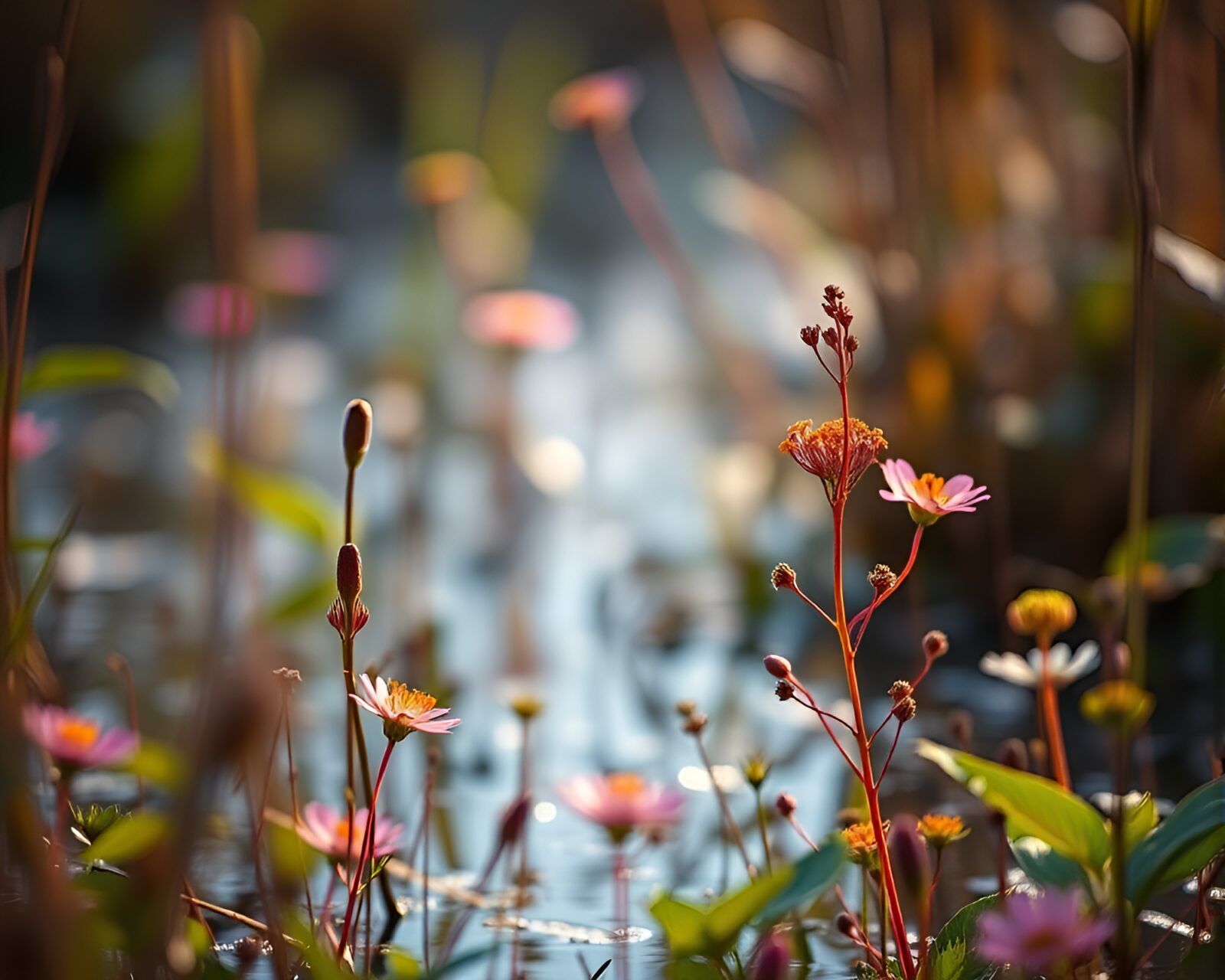 Vividly colored macro photo of delicate marsh flora and fauna