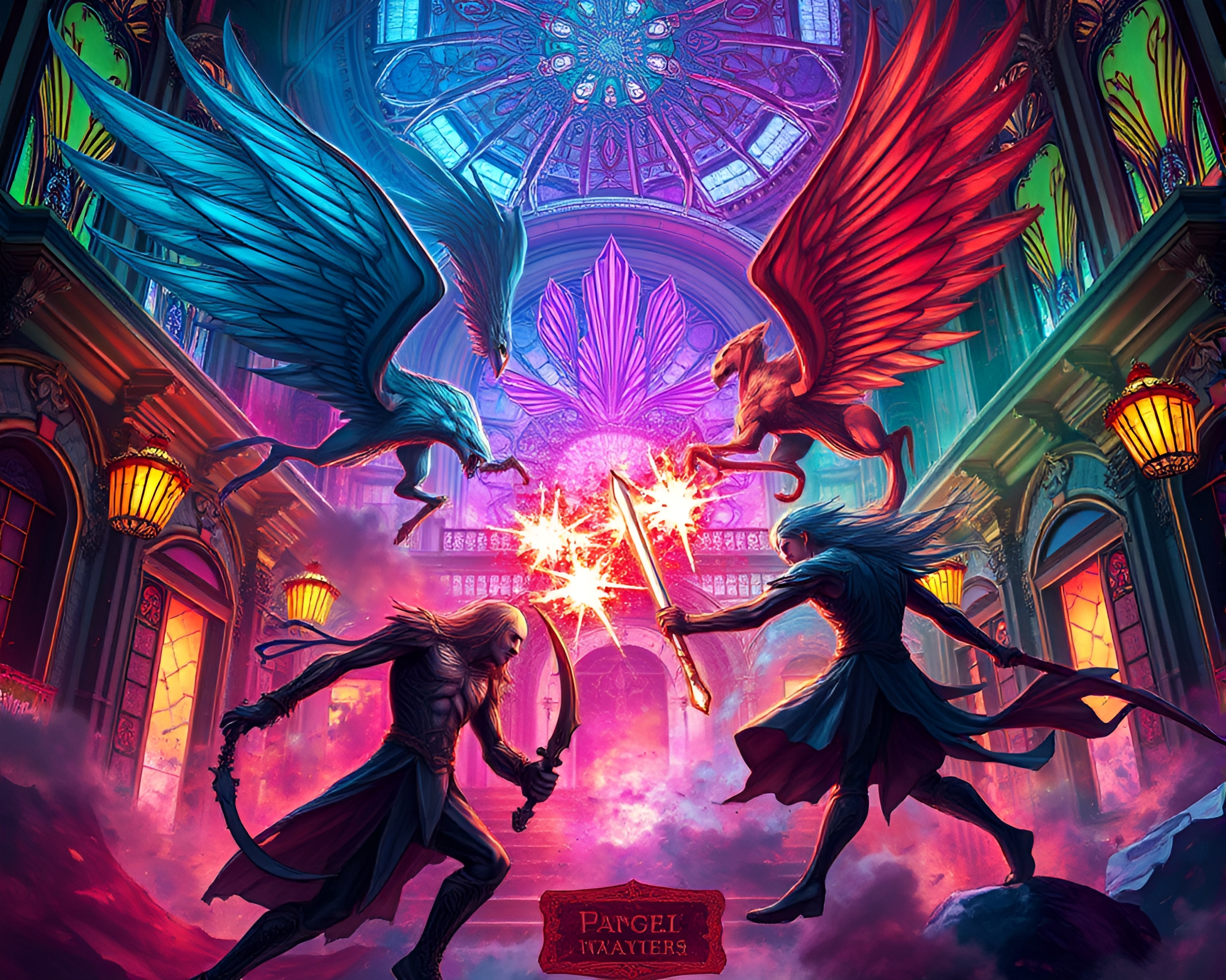 Spectral Warriors Clash in Serene Art Deco Landscape – free AI stock image