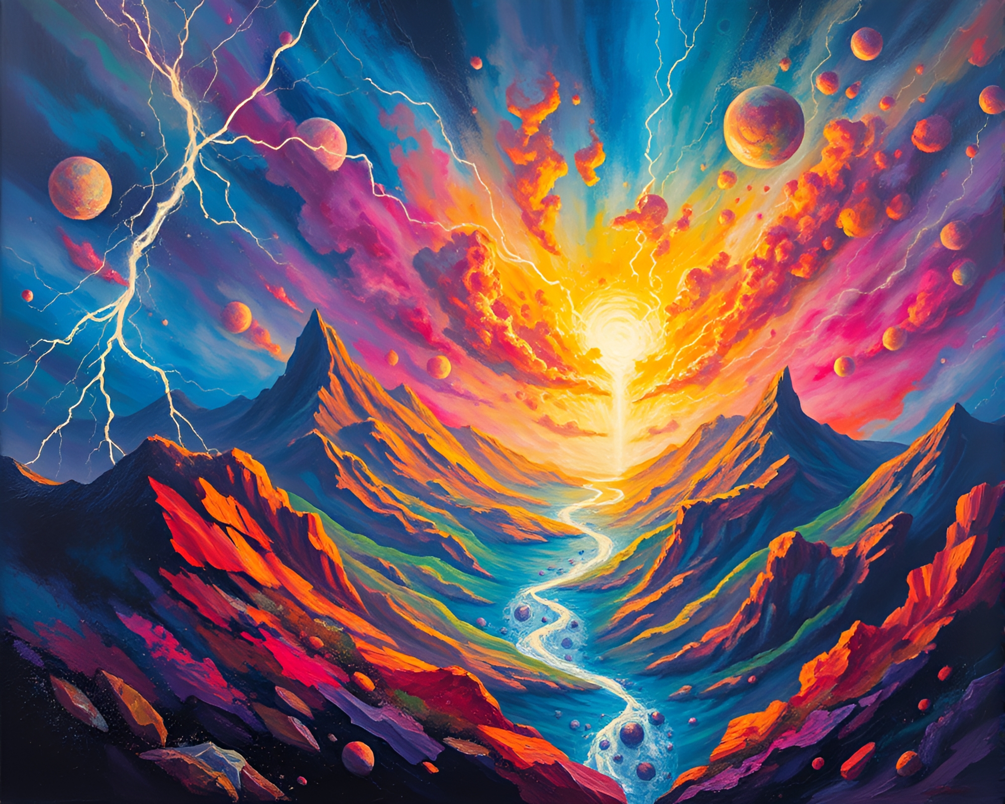 Electrifying Energy in Vibrant Surreal Landscape Oil Painting – free AI stock image