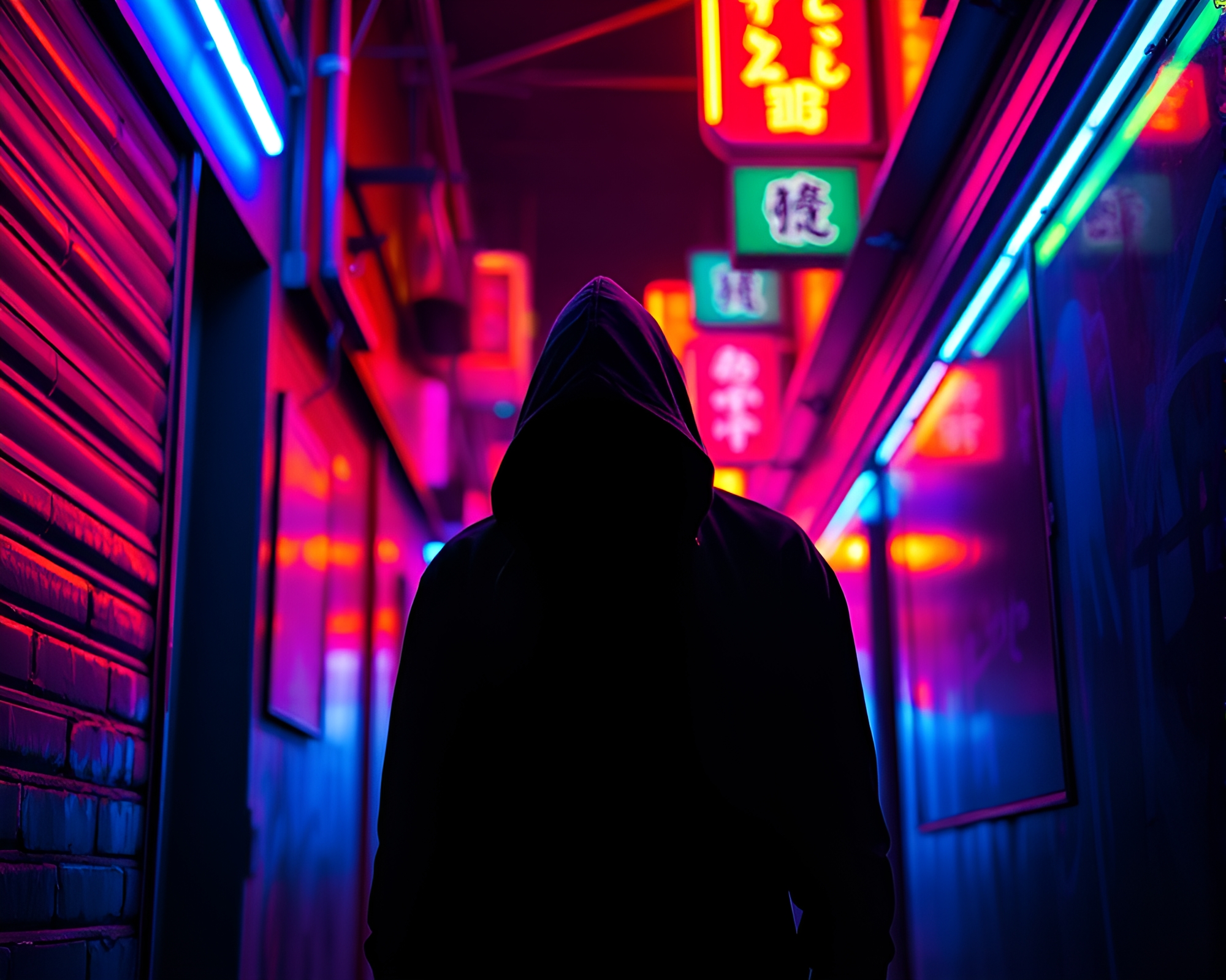 Neon-Lit Alleyway with Mysterious Shadow Figure – free AI stock image