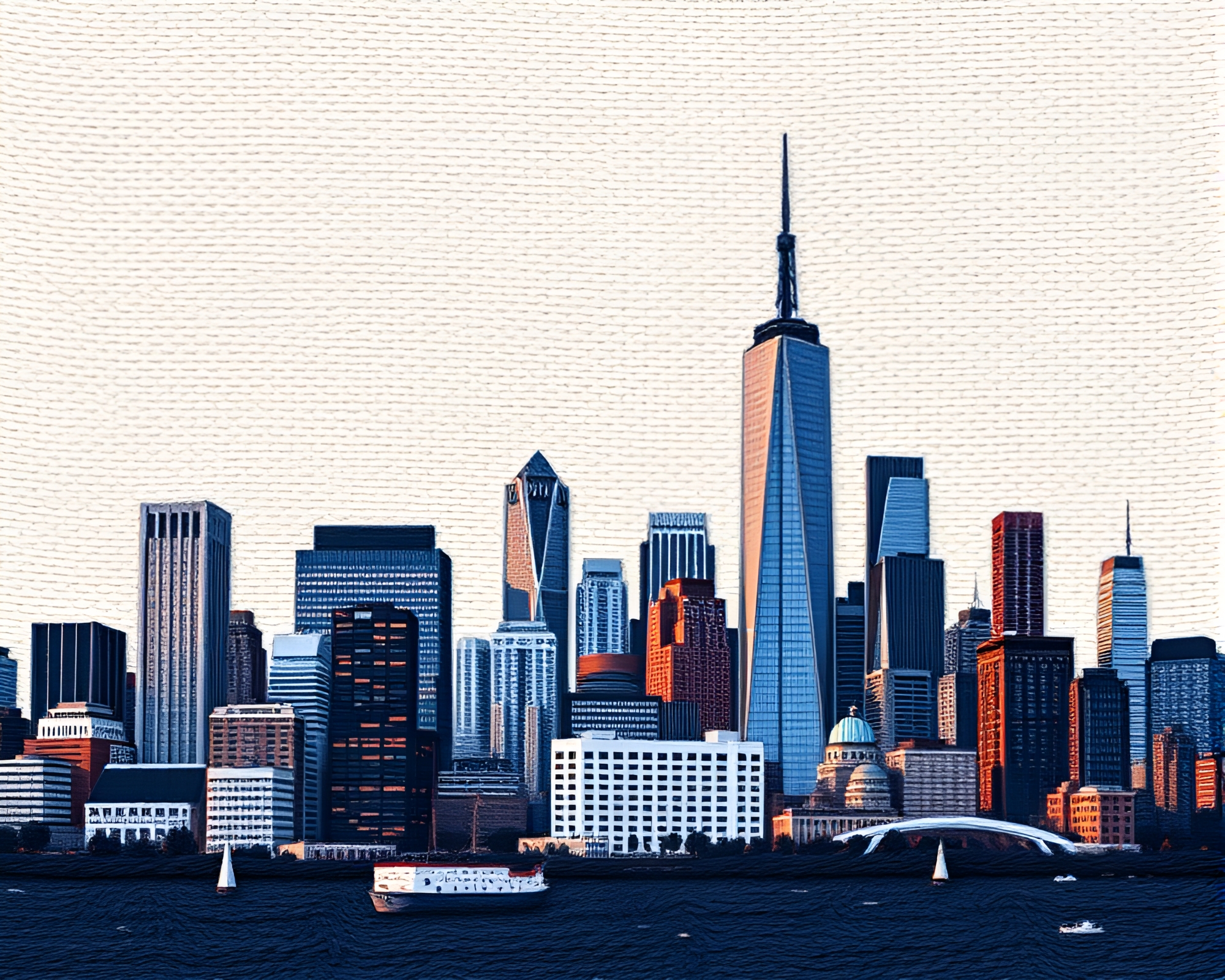 Urban Skyline Embroidery Pattern: Pastel-Colored Serenity – free AI stock image