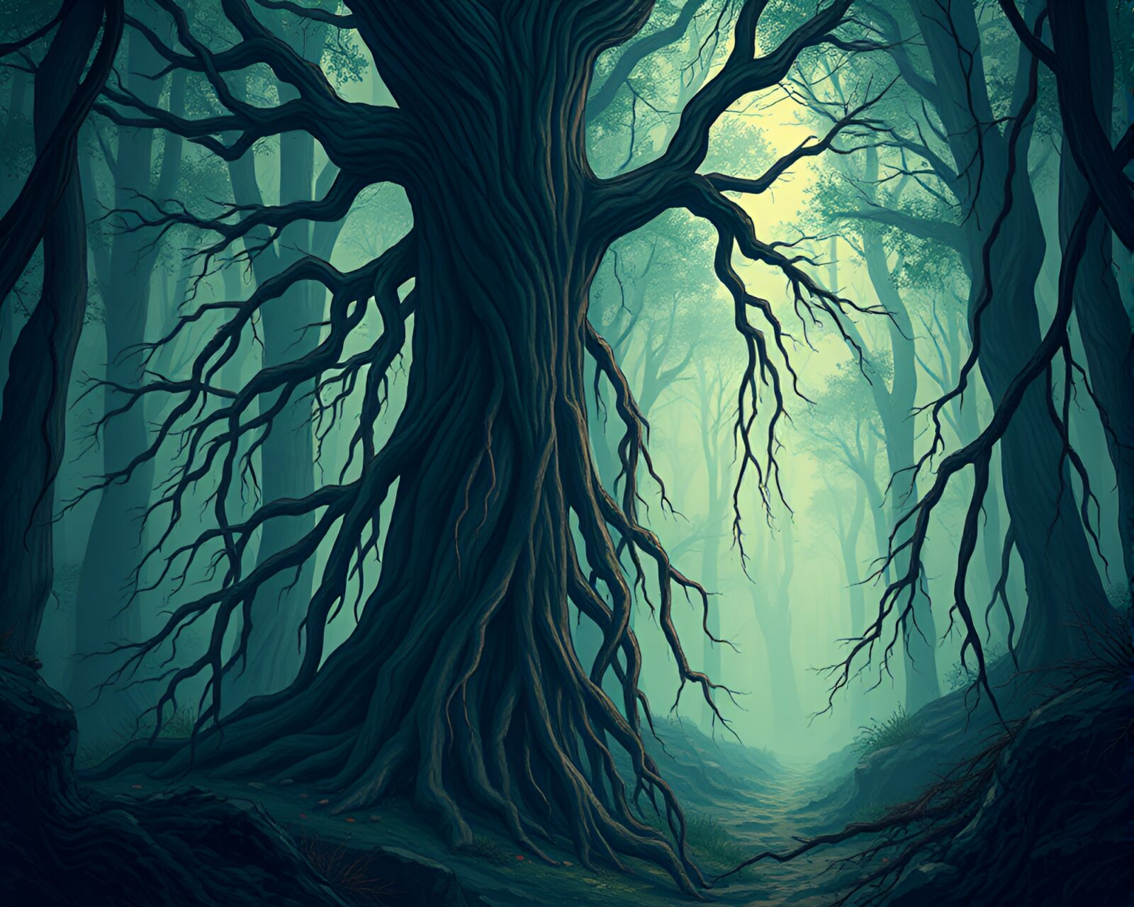 Floating roots in vivid colors in mystical forest illustration