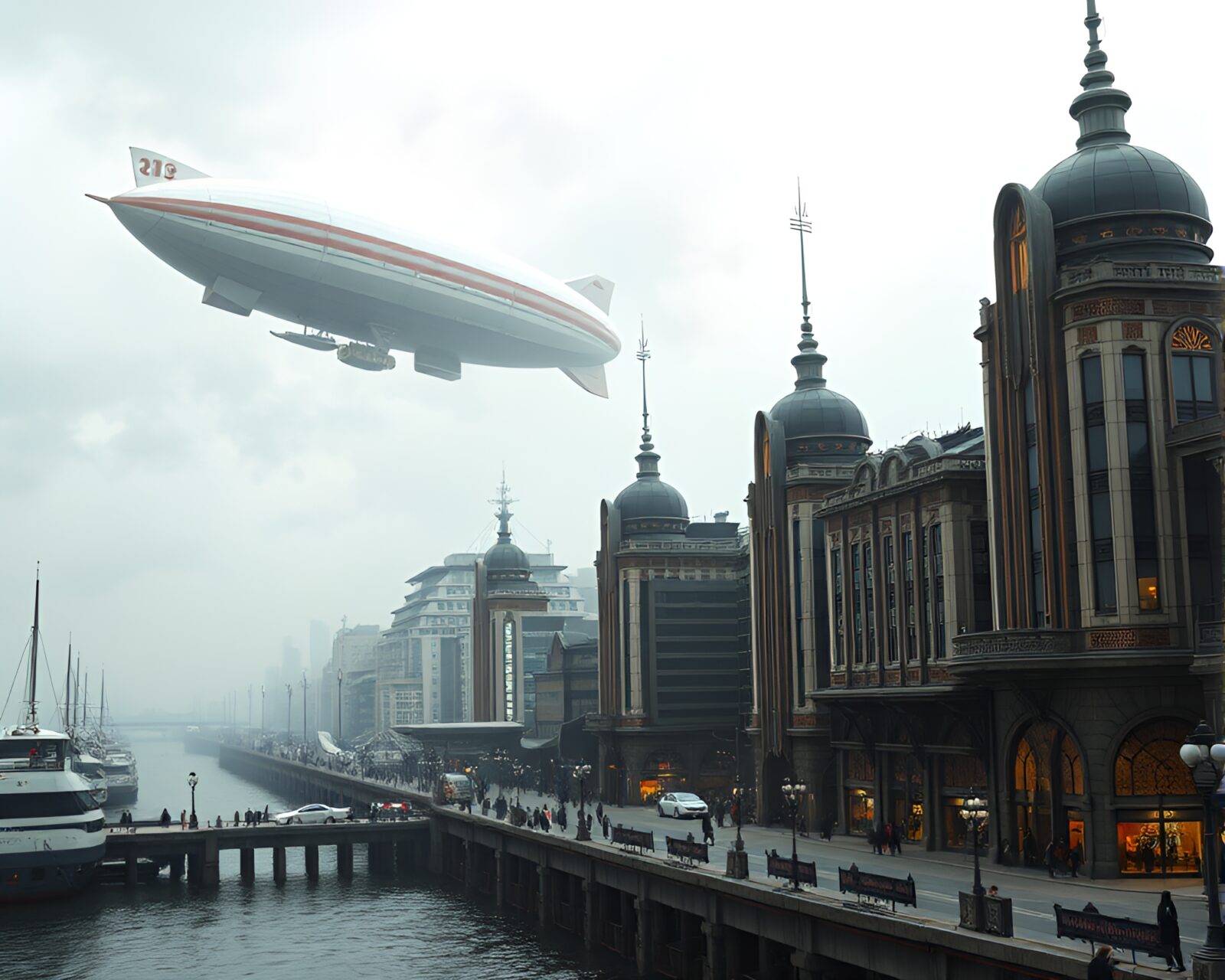 Sleek, elegant Art Deco buildings in a bustling steampunk port