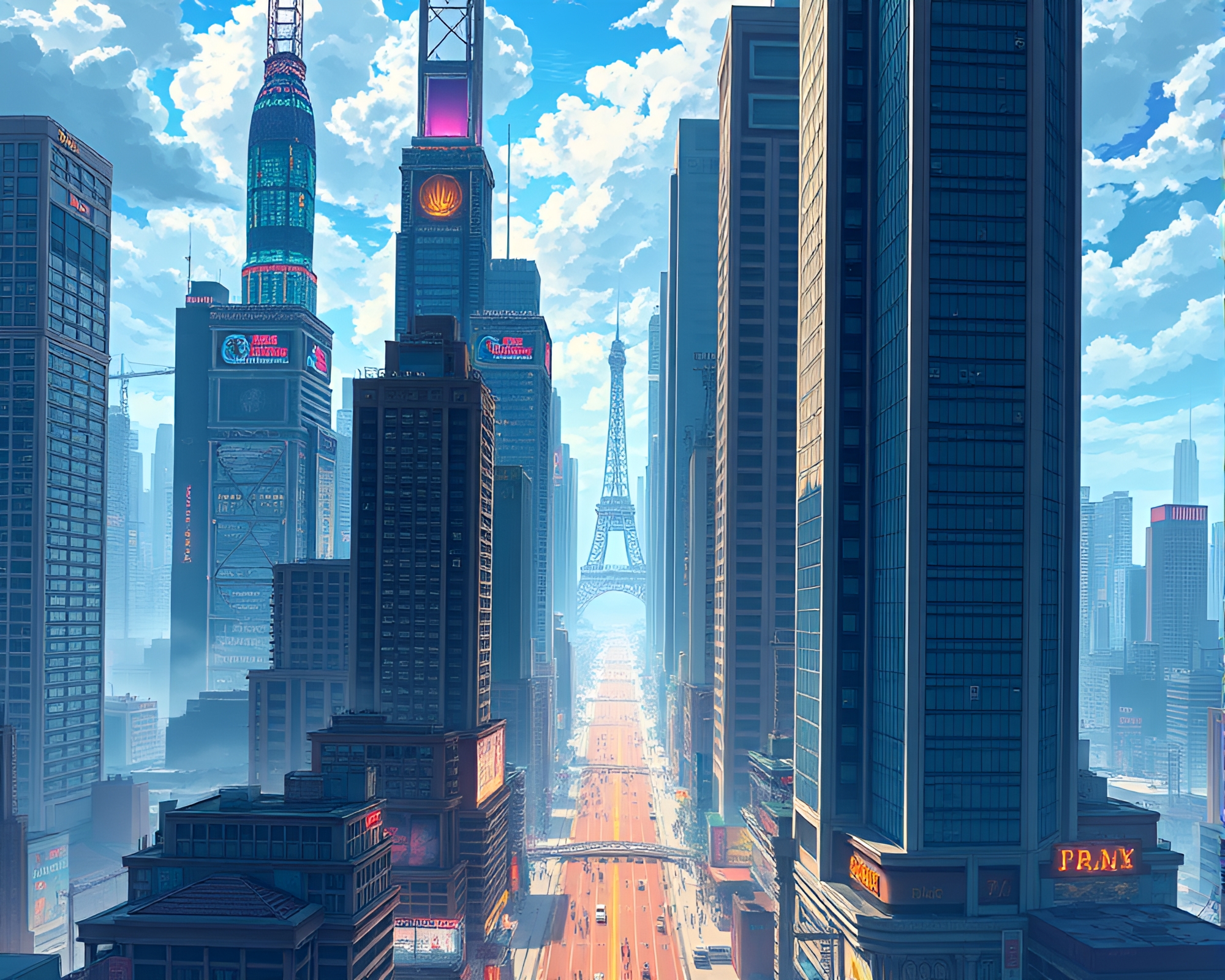 Dreamy Anime Cityscape with Towering Skyscrapers – free AI stock image
