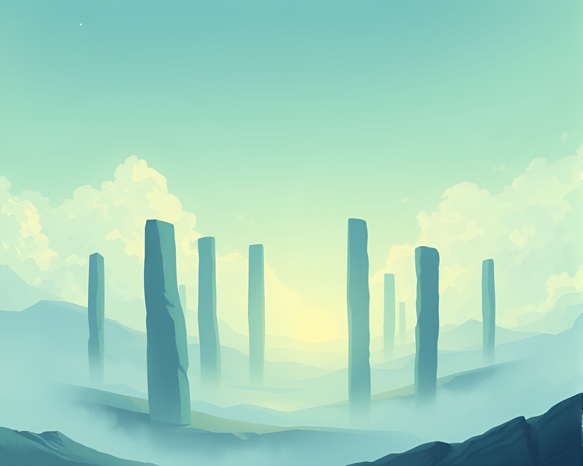 Ethereal Dreamlike Landscape with Suspended Monolithic Pillars – free AI stock image