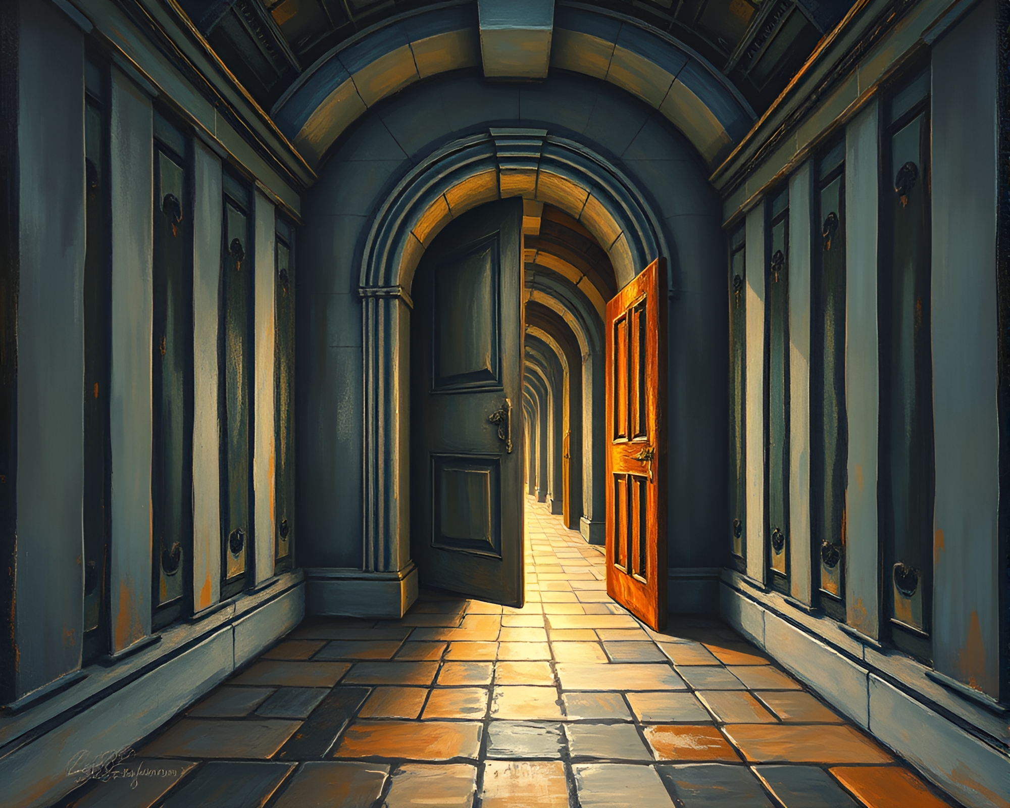 Intricate Oil Painting of Enigmatic Door Labyrinth – free AI stock image