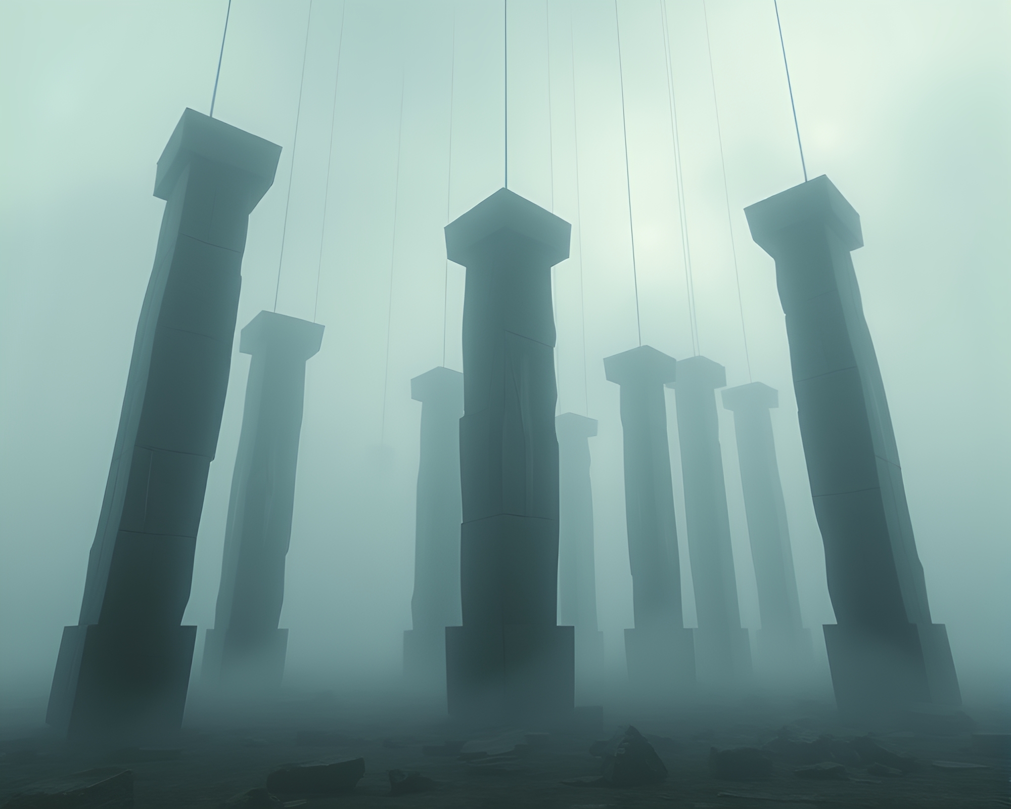 Ethereal 3D Rendering of Suspended Monolithic Pillars – free AI stock image