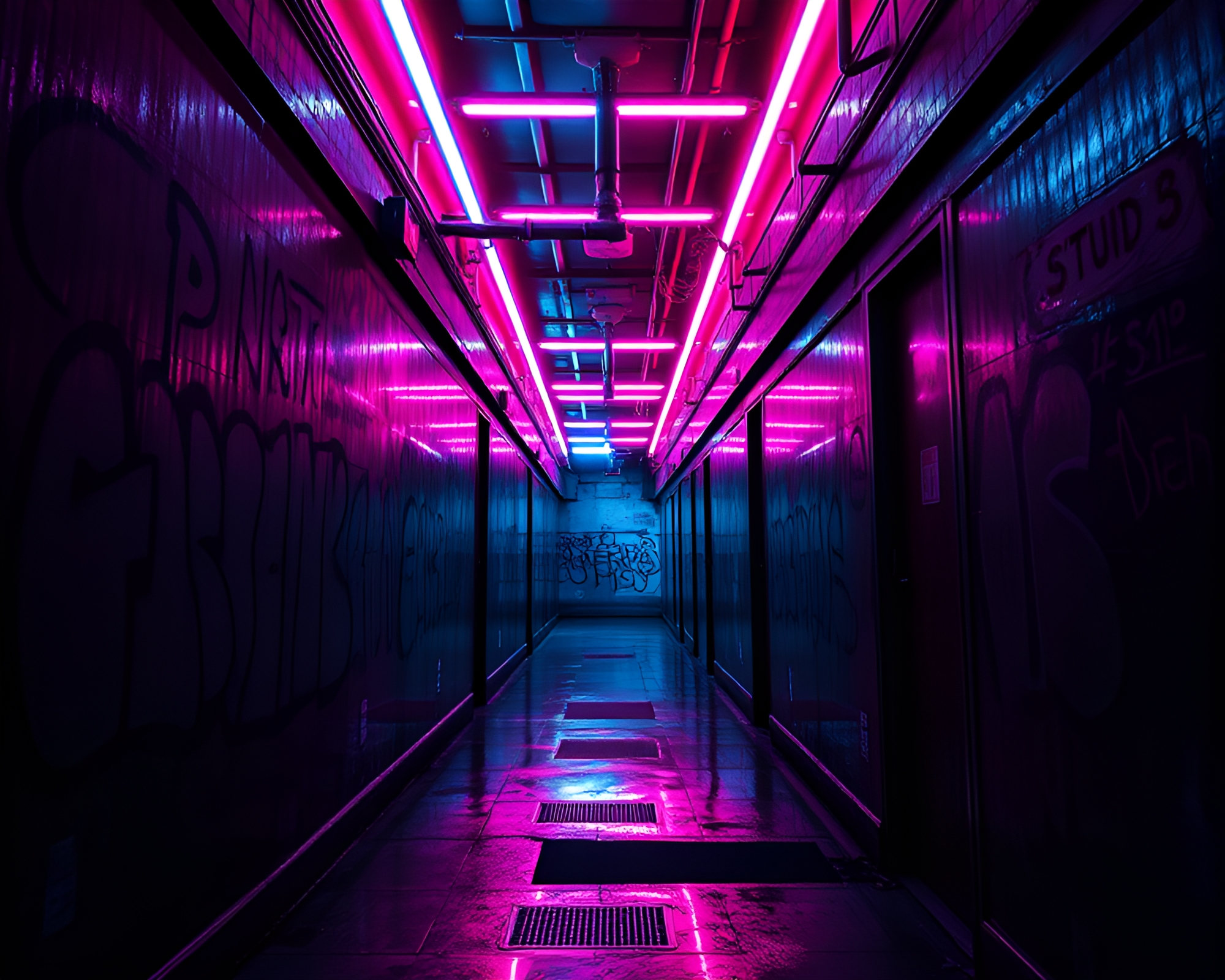 Eerie neon-lit alleyway mirror labyrinth – free AI stock image