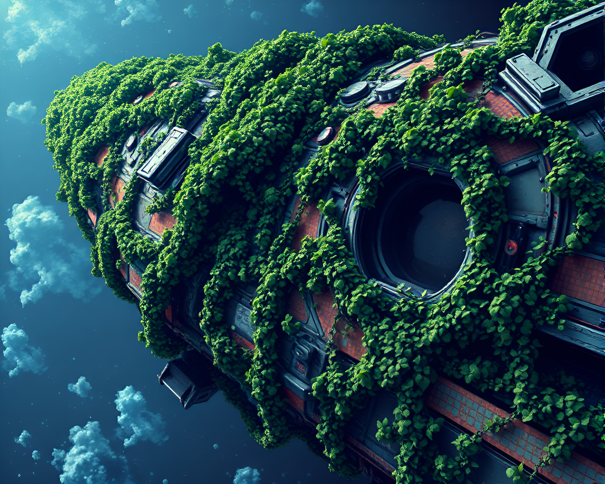 Ivy-Covered Spaceship Hull in Galvanizing 8-Bit Glitch Art – free AI stock image