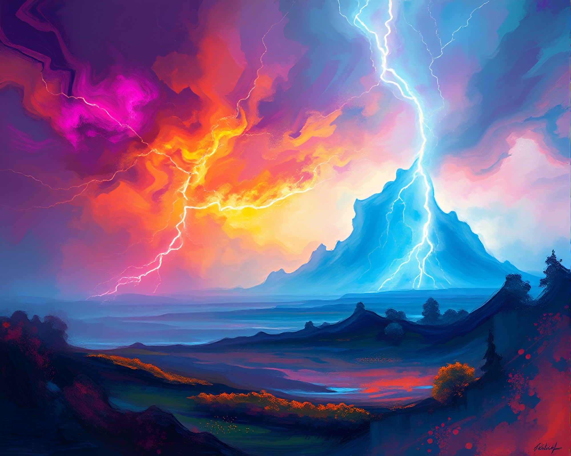 Vibrant Electric Storm Front in Dreamy Landscape Painting – free AI stock image
