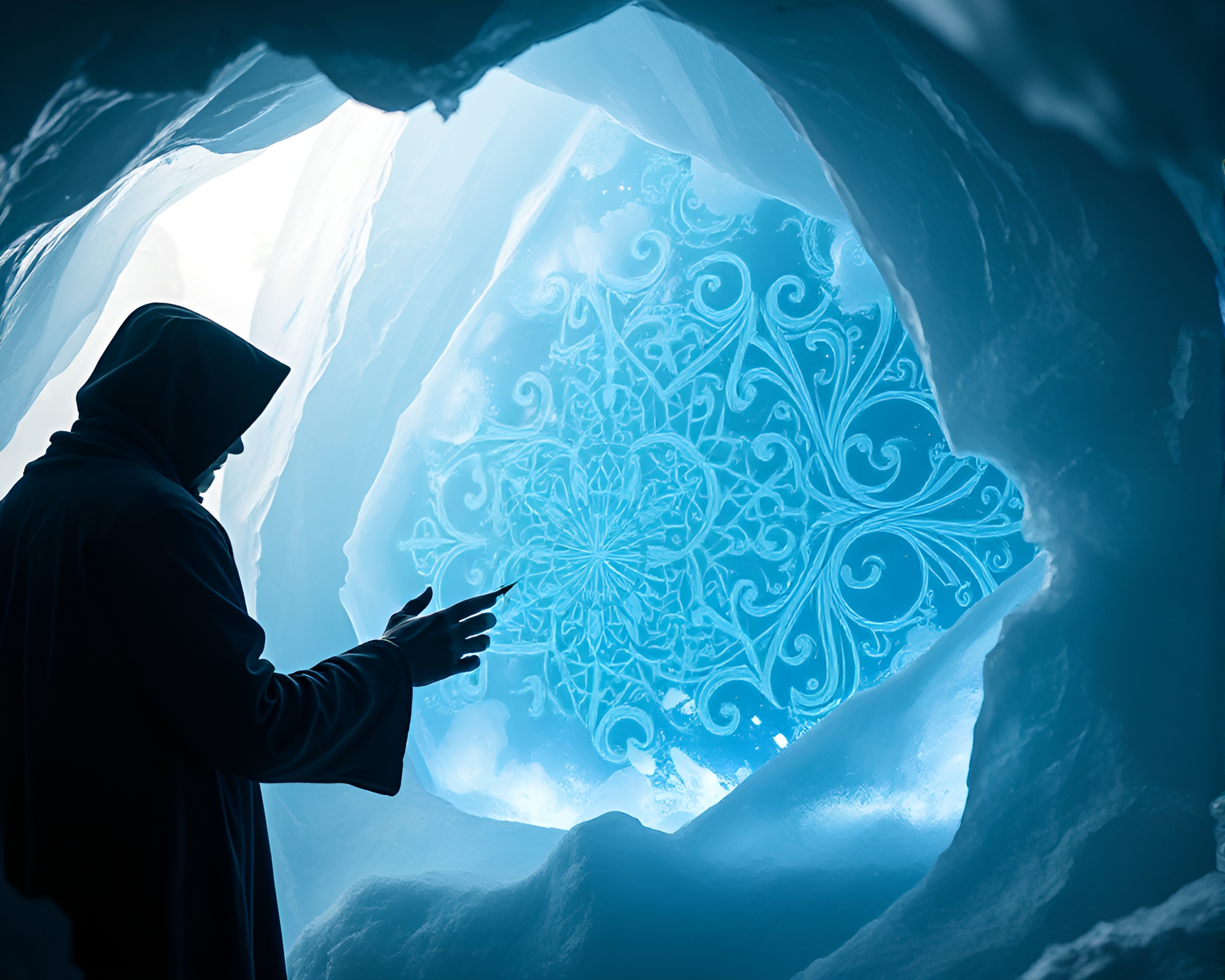 Intriguing Figure Shapes Glowing Crystals in Ice Prism Cavern – free AI stock image