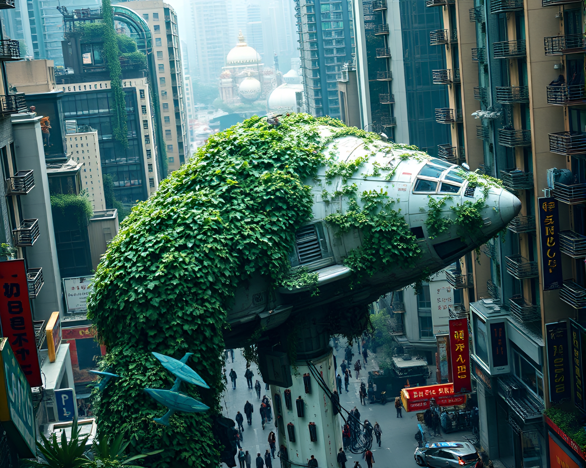 Futuristic spaceship engulfed in ivy in advanced cityscape – free AI stock image
