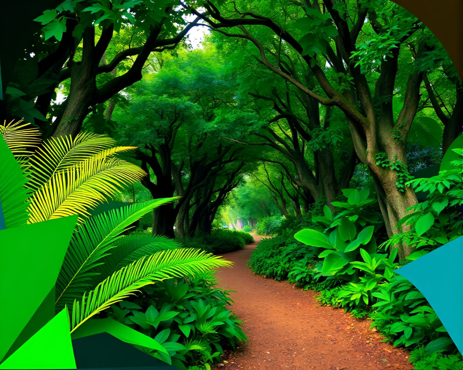 Vibrant and colorful cubism-style art depicting lush emerald canopy glade