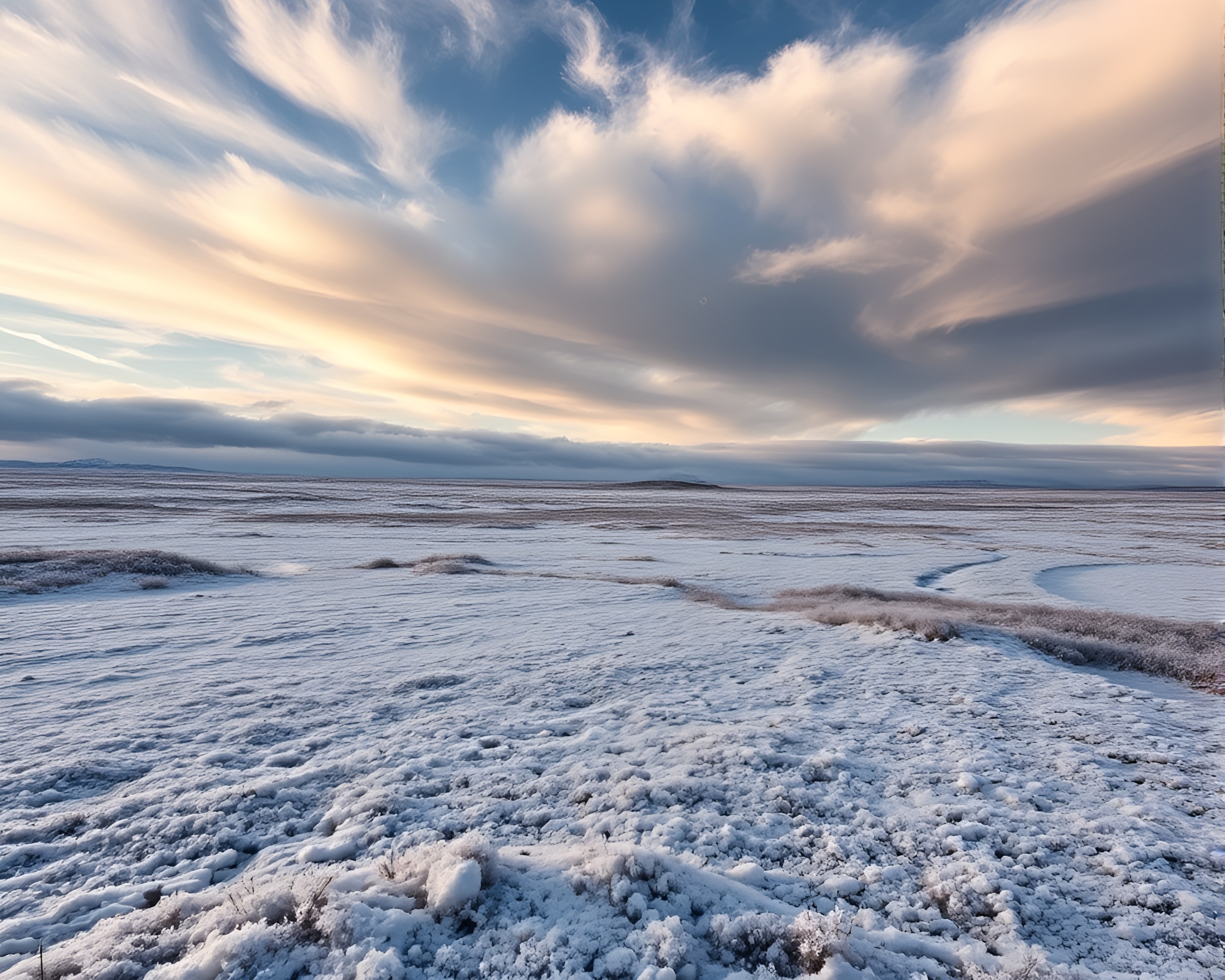 Frosty Wonderland: Glittering Landscape Under Dynamic Clouds – free AI stock image