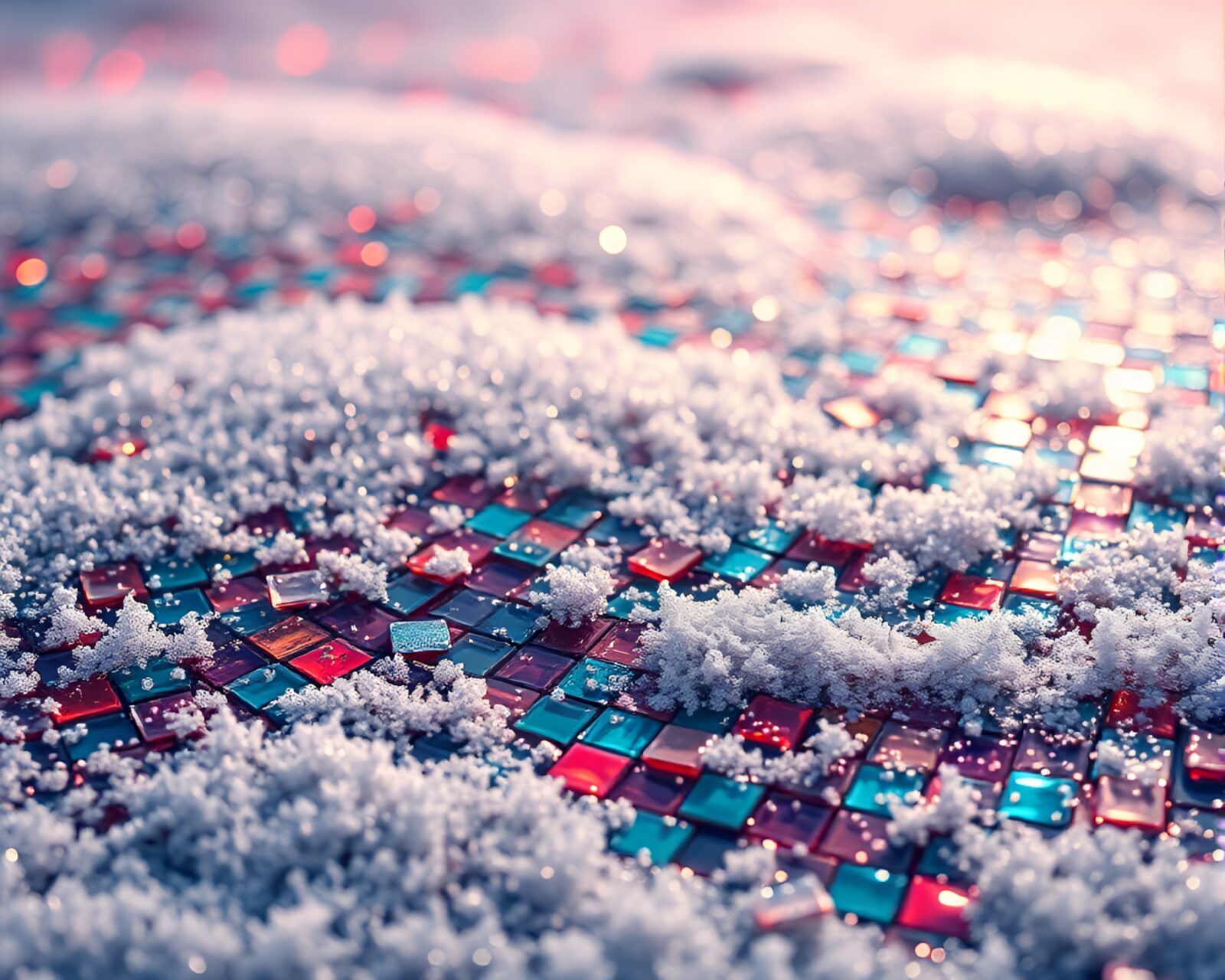 Glittering frost covering a landscape with intricate mosaic tile work