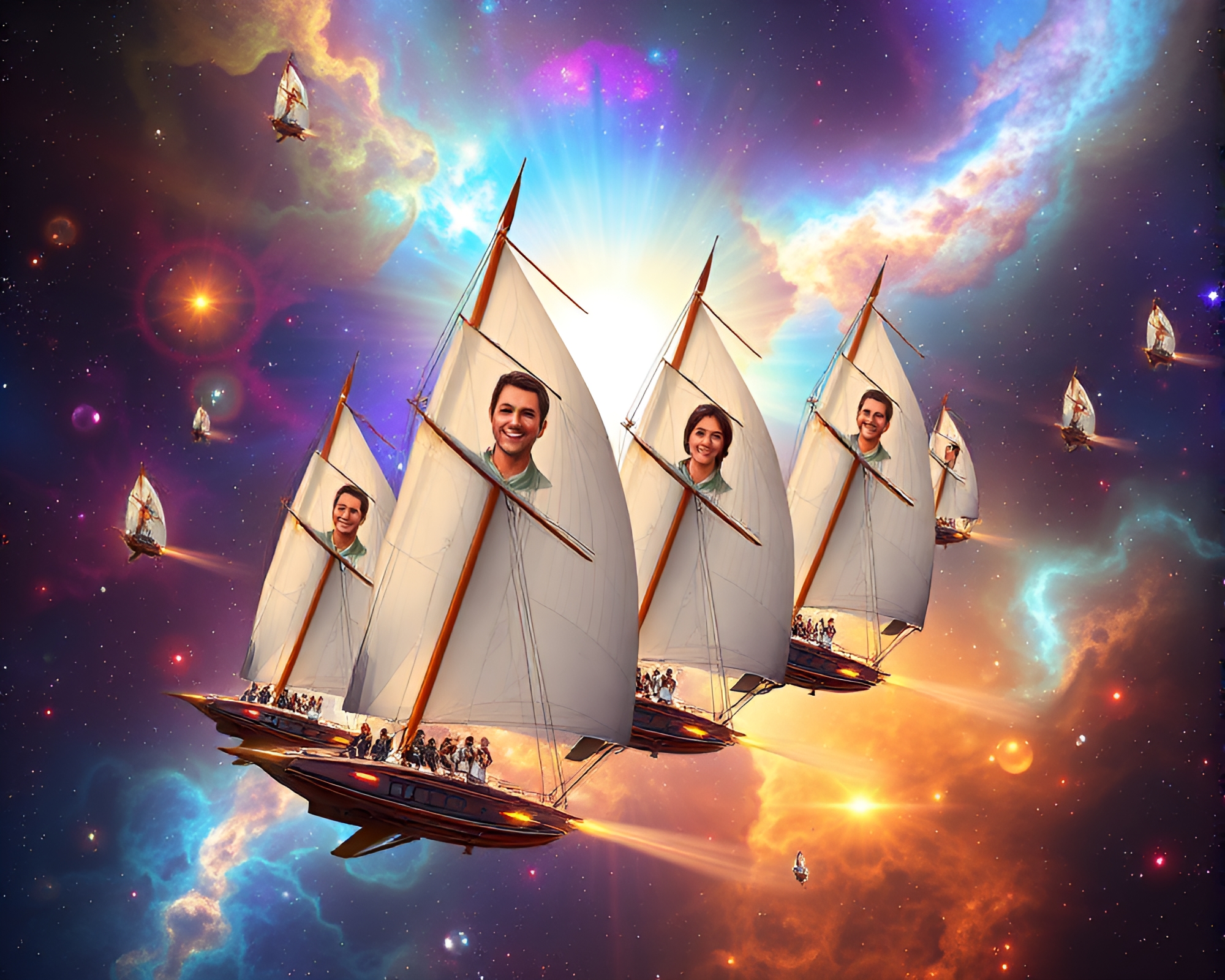 Colorful Solar Sail Fleet in Vibrant Nebula Journey – free AI stock image