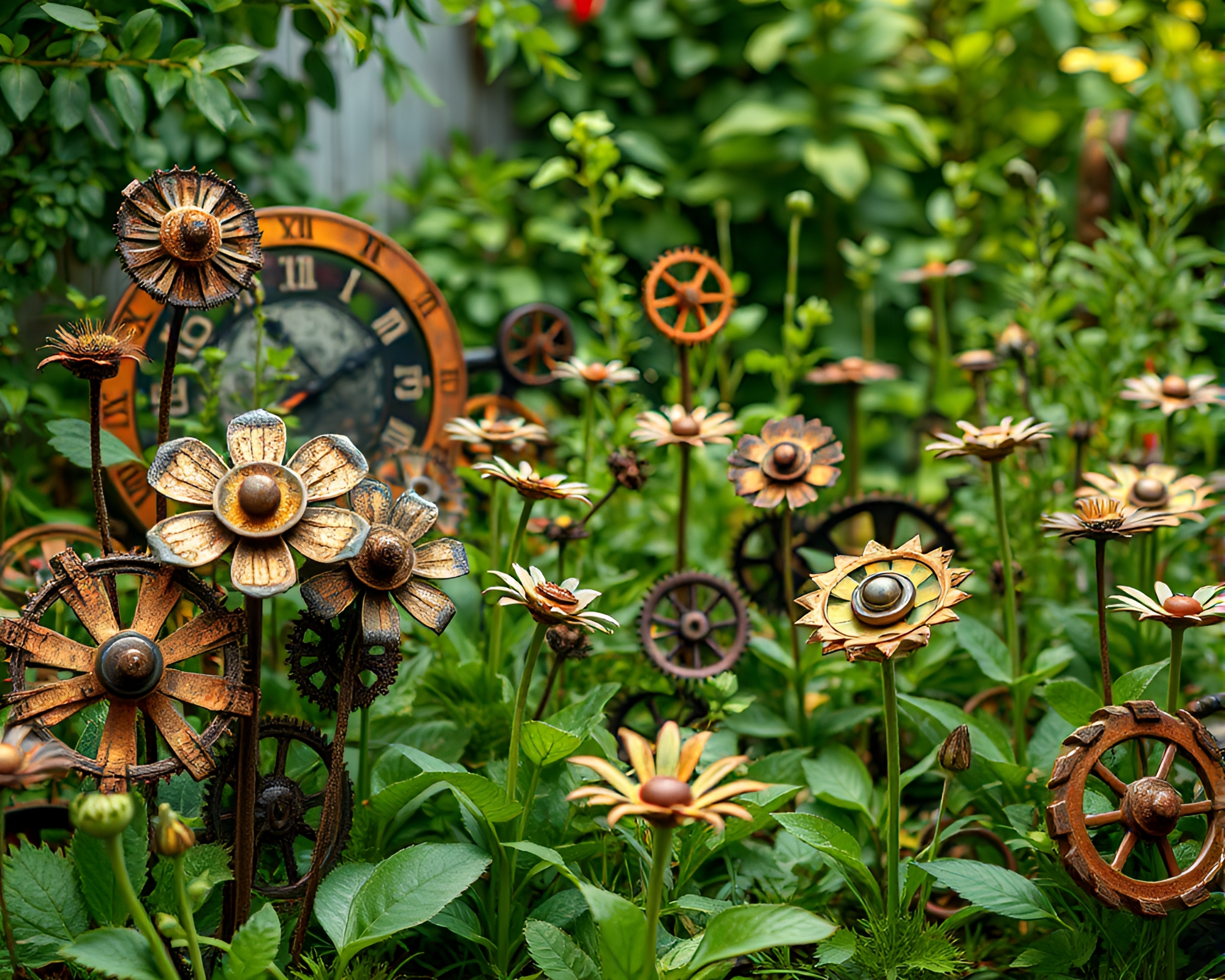 Serene Clockwork Garden with Rustic Metal Flowers and Gears – free AI stock image