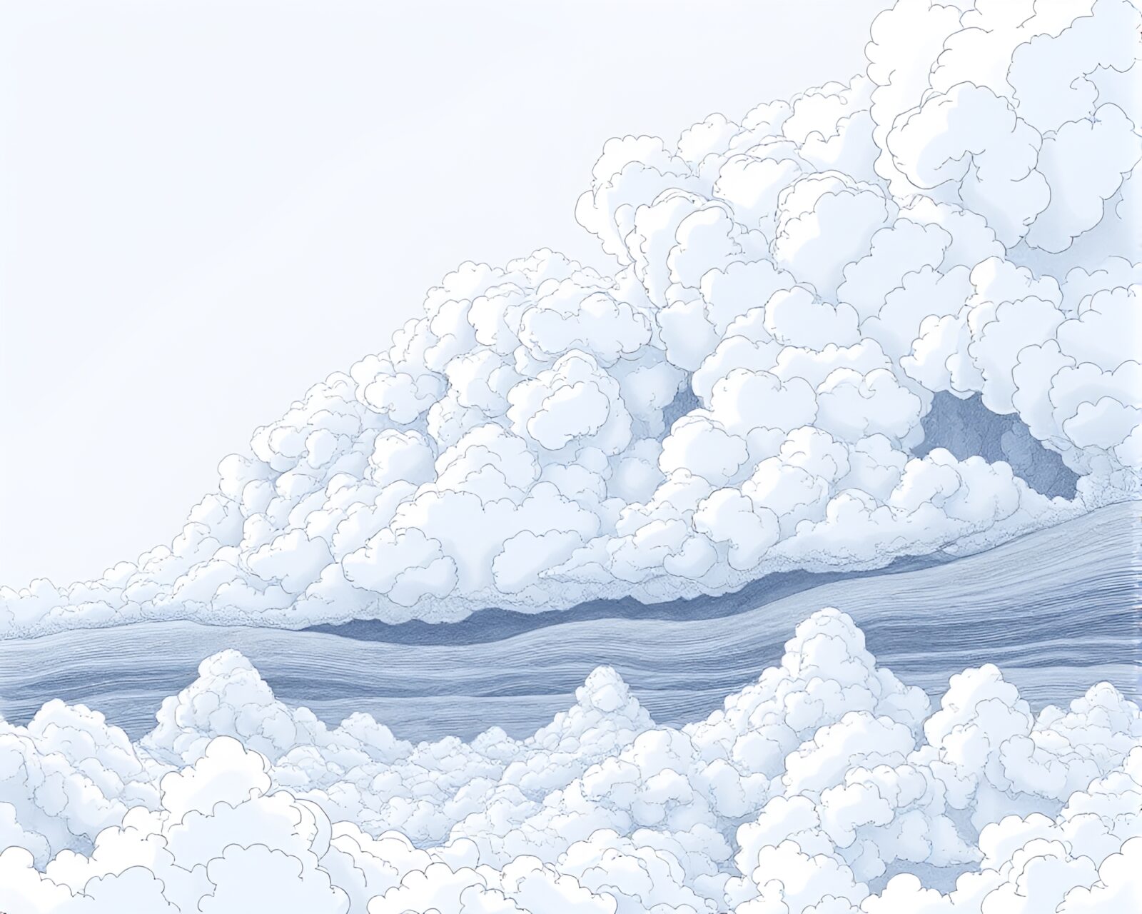 Serene, surreal iron-cloud sky in dreamy line drawing.