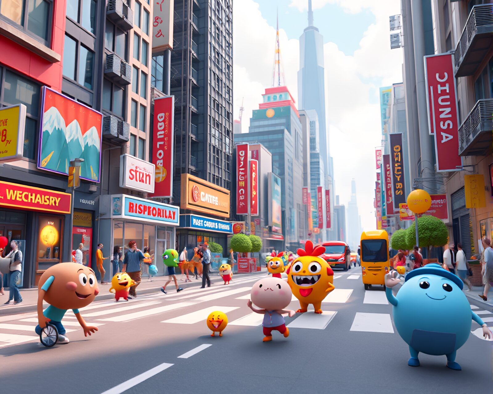 Colorful characters and objects in playful 3D animations in cityscape